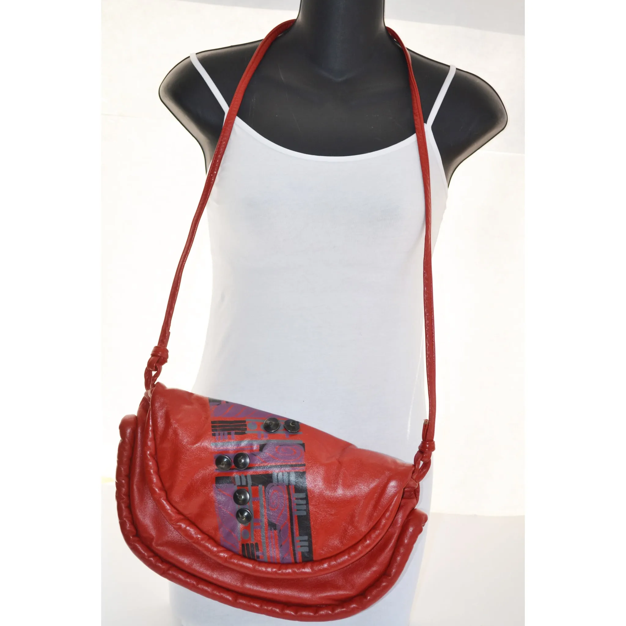 Red Leather Moon Bag Purse By Patricia Smith - 1980's
