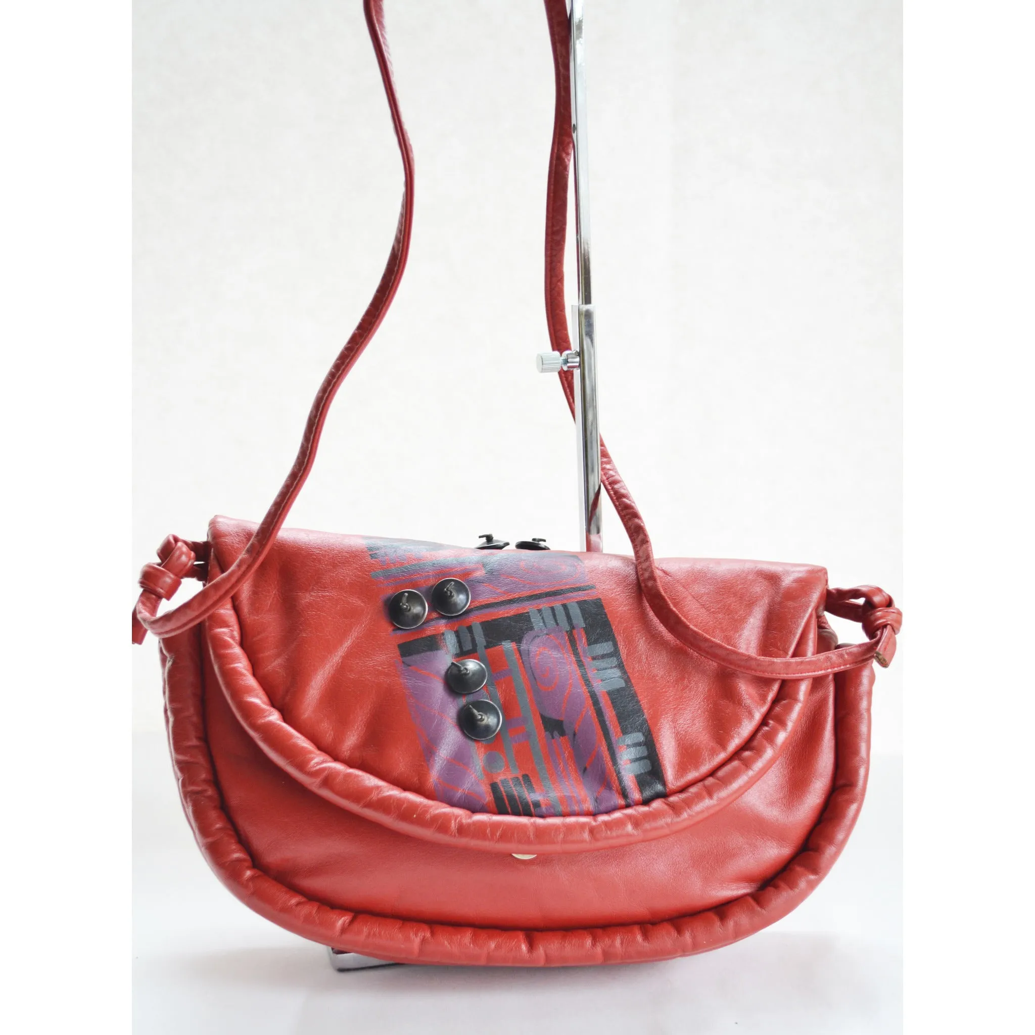 Red Leather Moon Bag Purse By Patricia Smith - 1980's