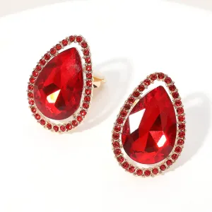 Red Teardrop Stone with Red Rhinestone Trim Clip On Pageant Earrings |  653262