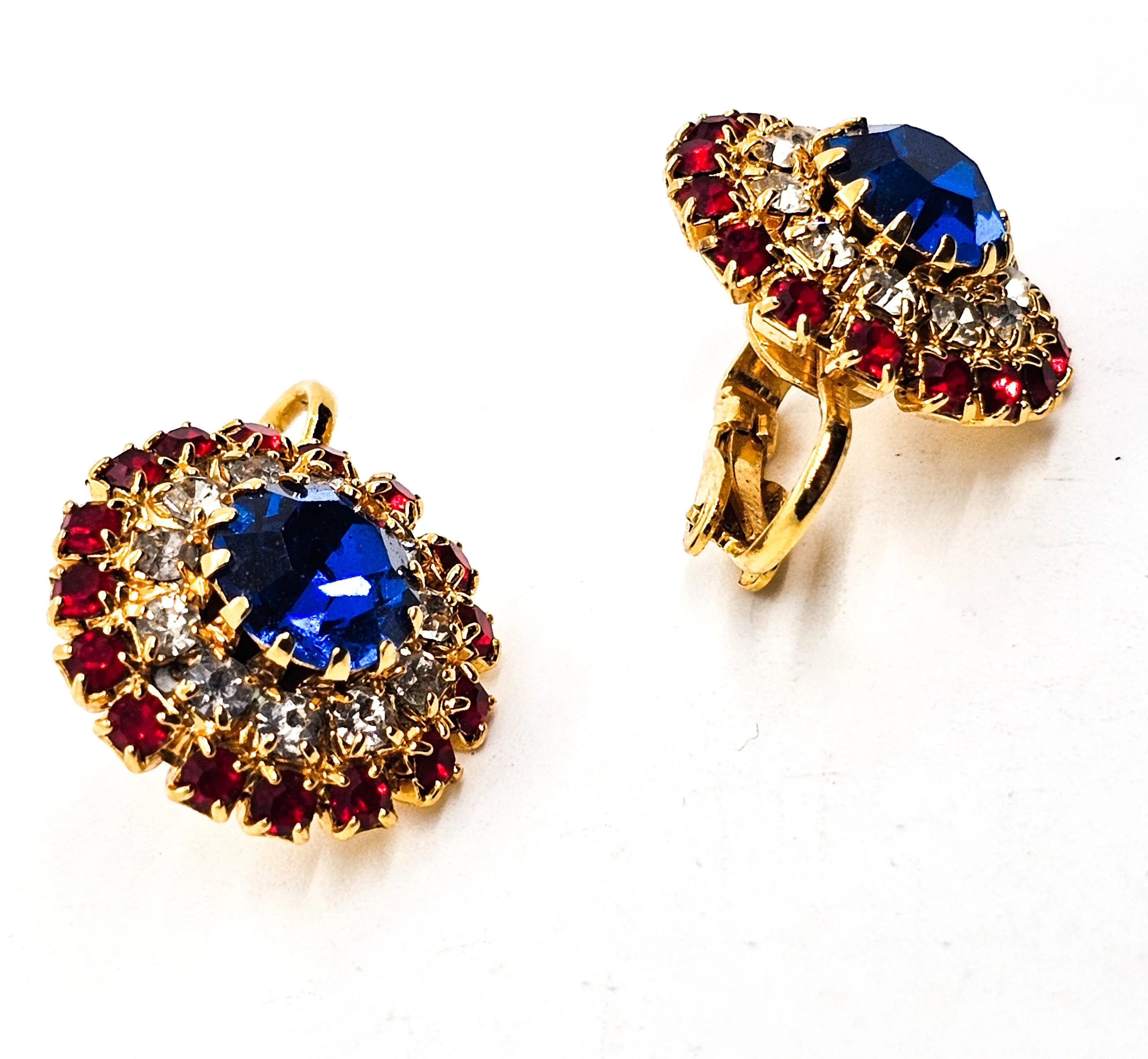 Red White and Blue vintage round rhinestone clip on mid century earrings
