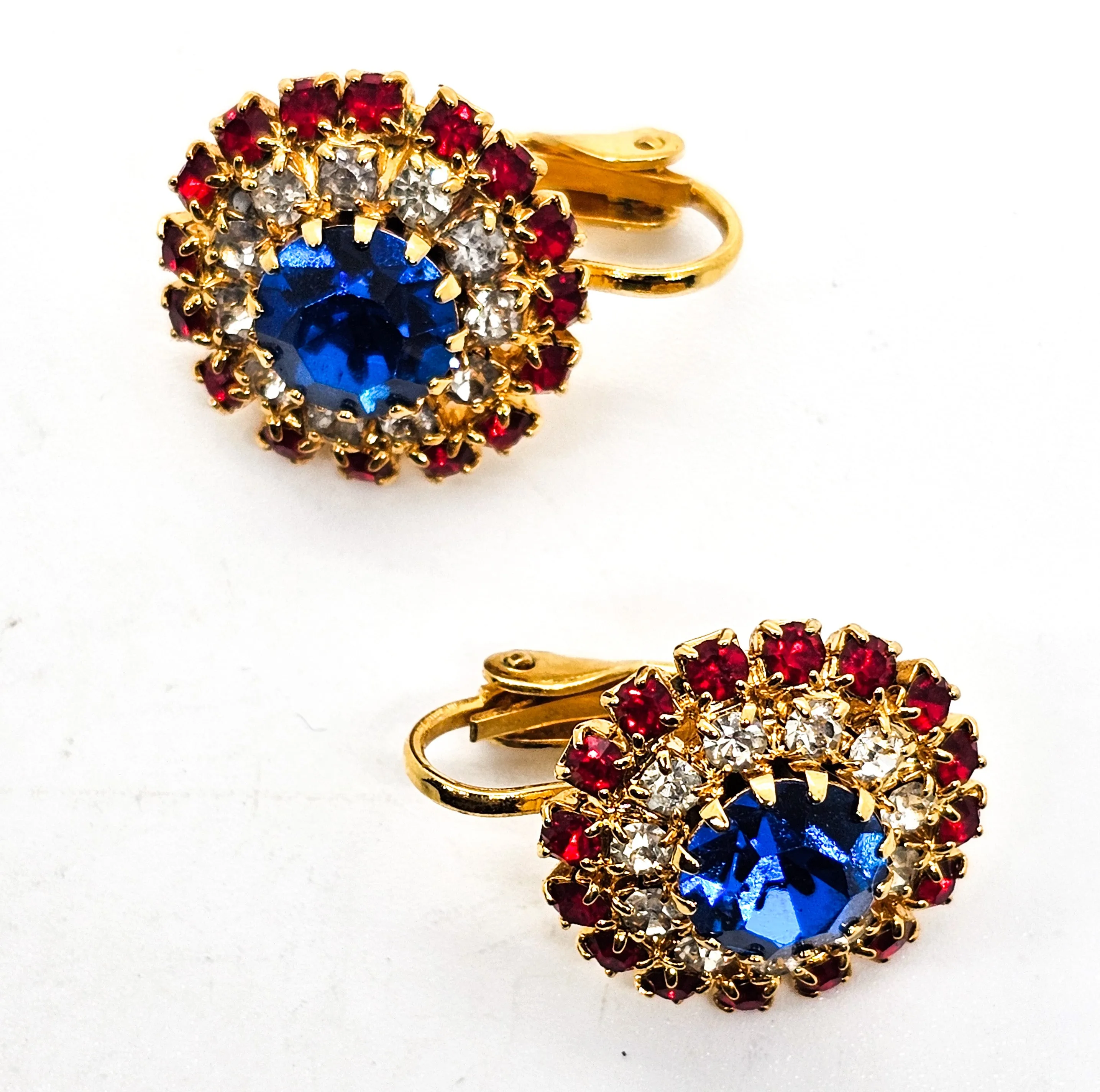 Red White and Blue vintage round rhinestone clip on mid century earrings