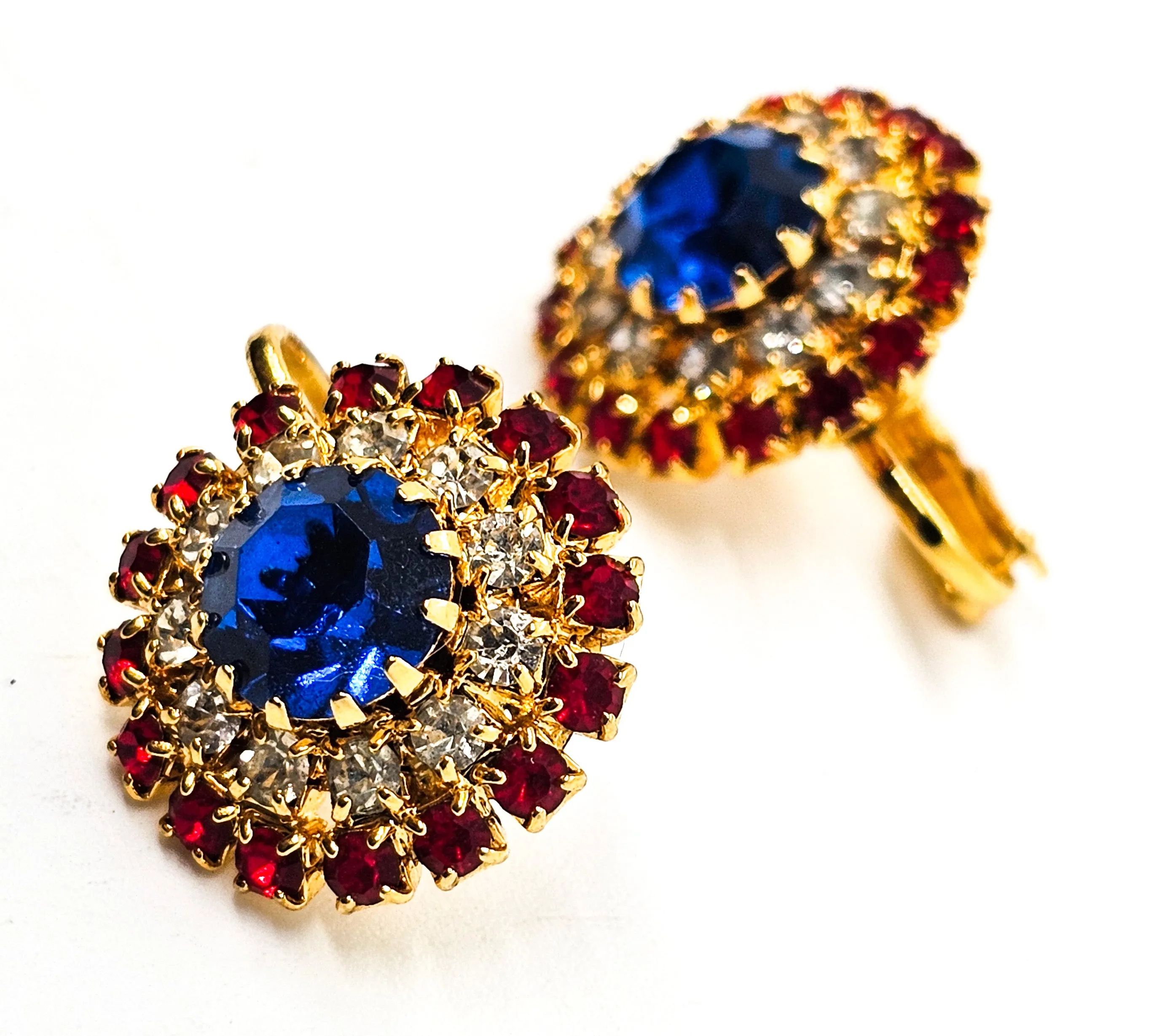 Red White and Blue vintage round rhinestone clip on mid century earrings