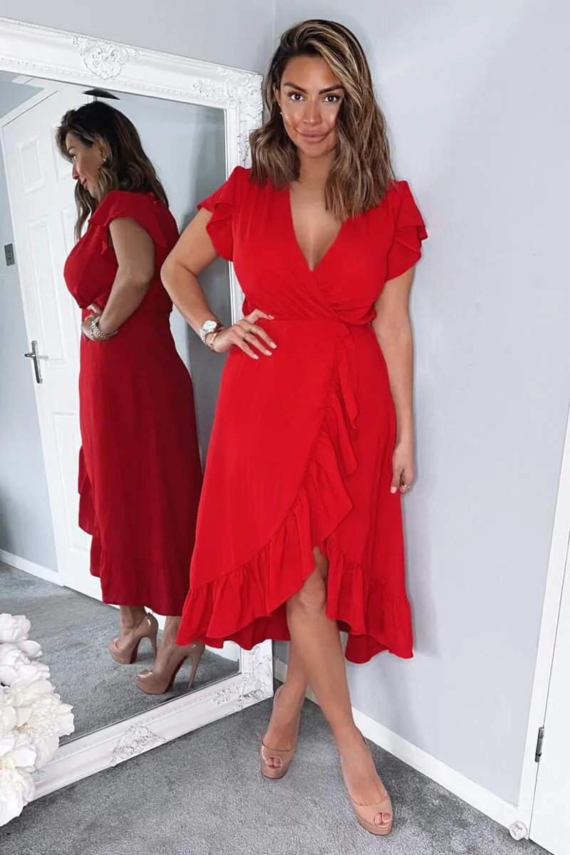 Red Wrap Over Frill Hem Short Sleeve Midi Dress