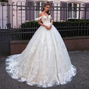 Roycebridal Modest Long Sleeve Wedding Dress Scoop Satin Appliqued