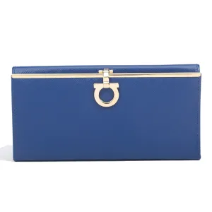 Salvatore Ferragamo Gancini Icona Vitello Continental Blue Wallet Purse Bag New