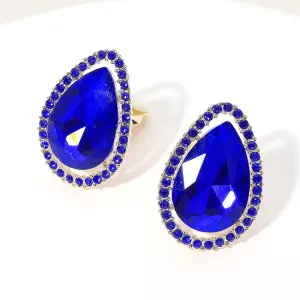 Sapphire Teardrop Stone with Sapphire Rhinestone Trim Clip On Pageant Earrings on Gold  | 653265