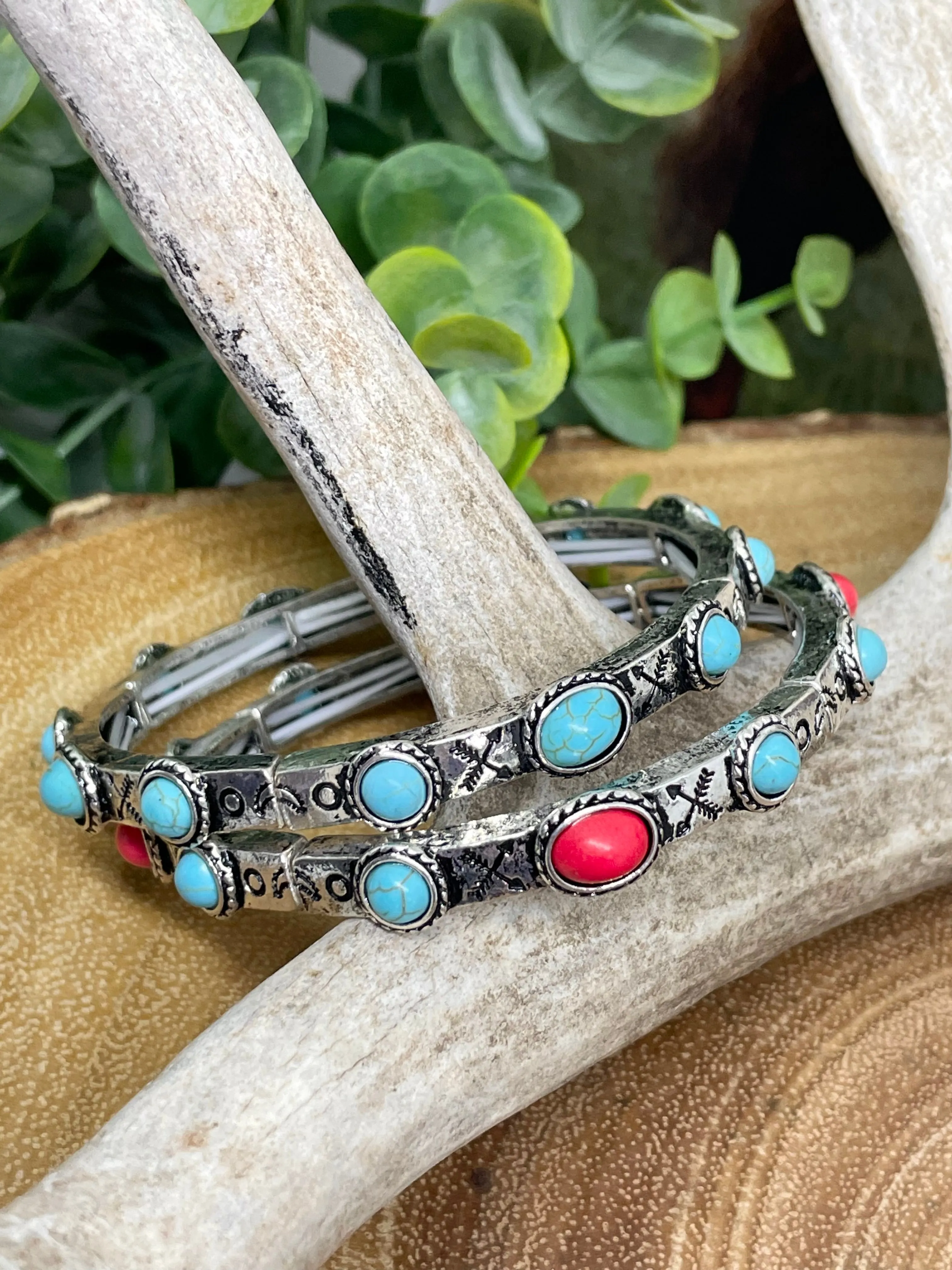 Sicilian Moon & Arrows Stamped Stone Stretch Bracelet