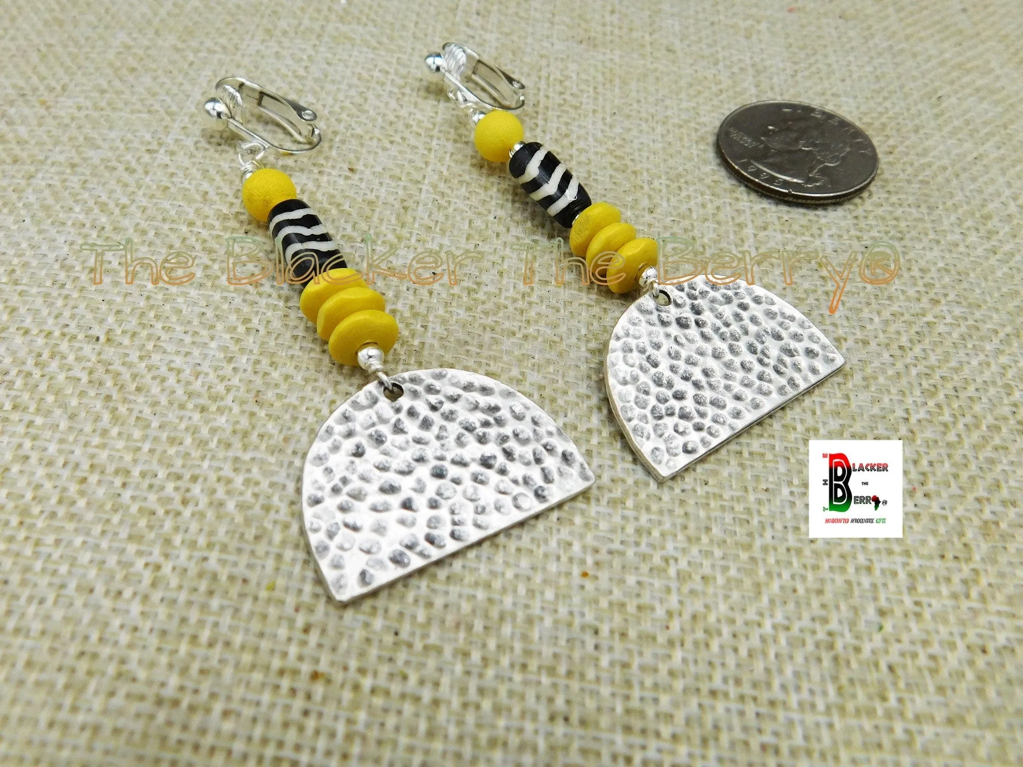 Silver Clip On Earrings Yellow Beaded Jewelry Women Long Handmade Ethnic
