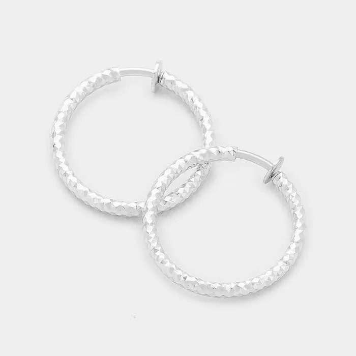 Silver Textured Clip On Hoop Earrings | 1.25" | 236405