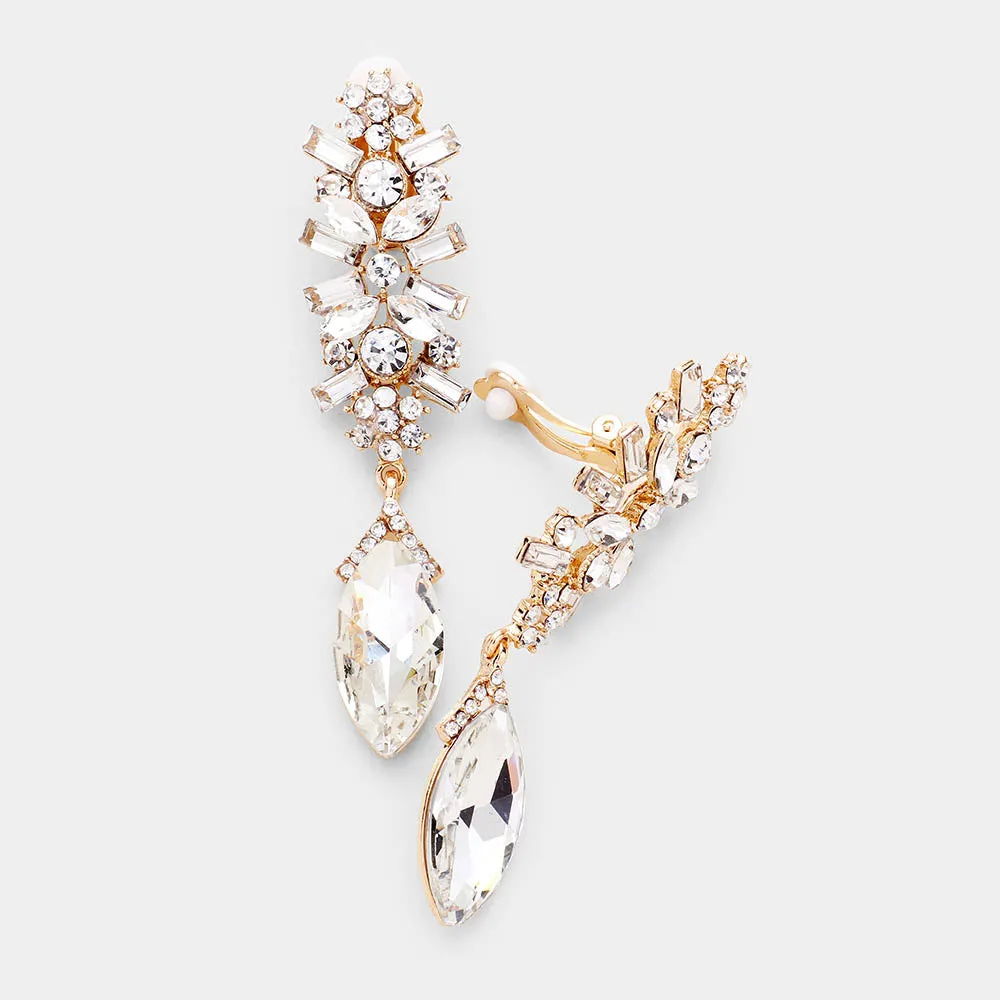Slim Clear Crystal Rhinestone Pave Clip On Pageant Earrings on Gold | 435802