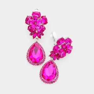 Small Fuchsia Crystal Clip On Dangle Earrings | 412382