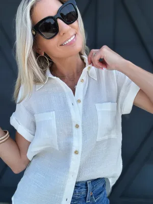 Solid Fold Sleeve Button Down In White