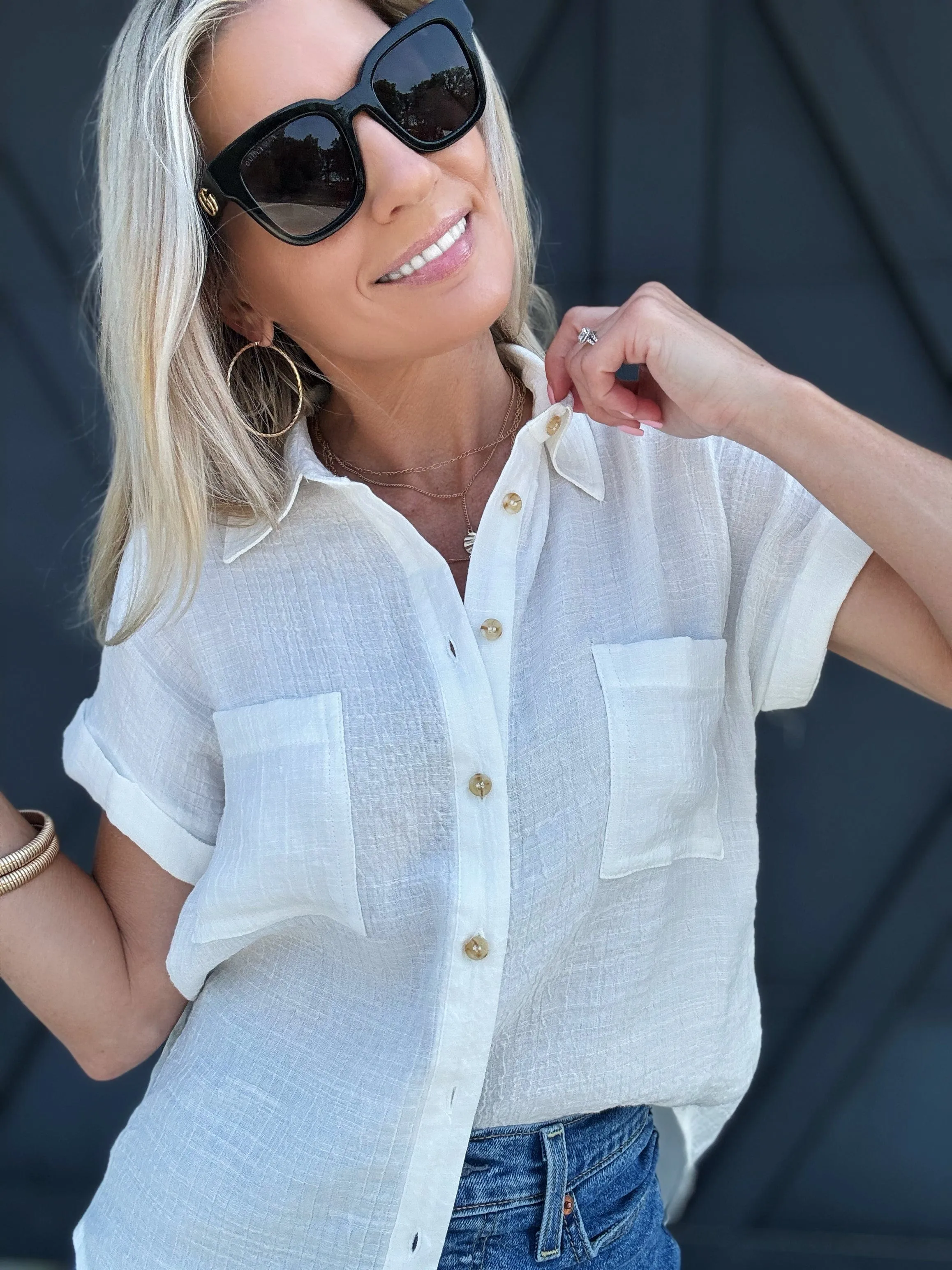 Solid Fold Sleeve Button Down In White