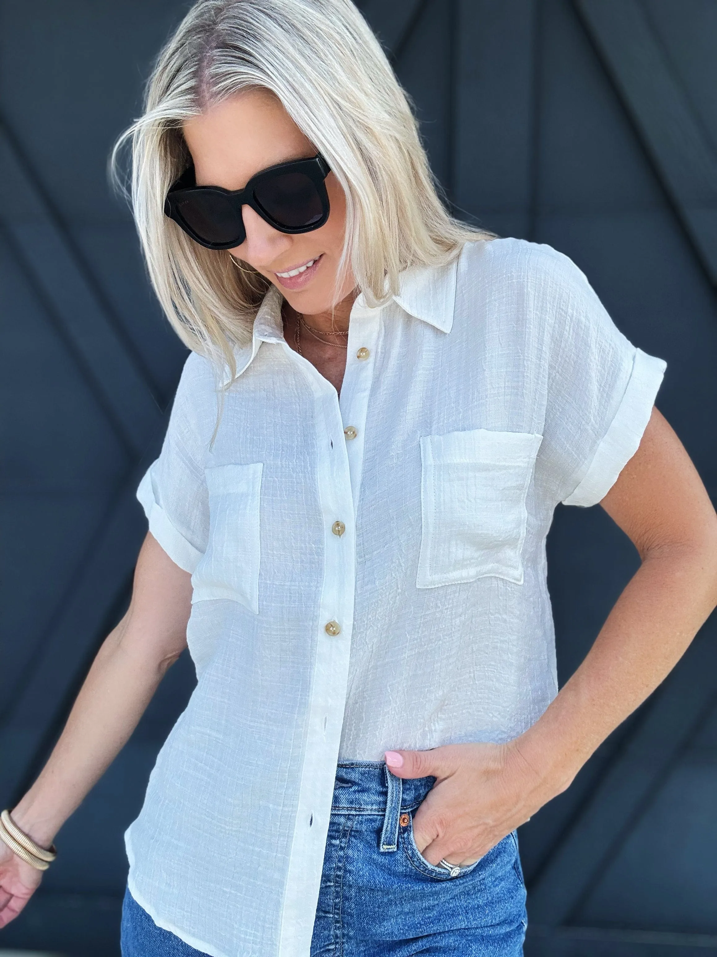 Solid Fold Sleeve Button Down In White