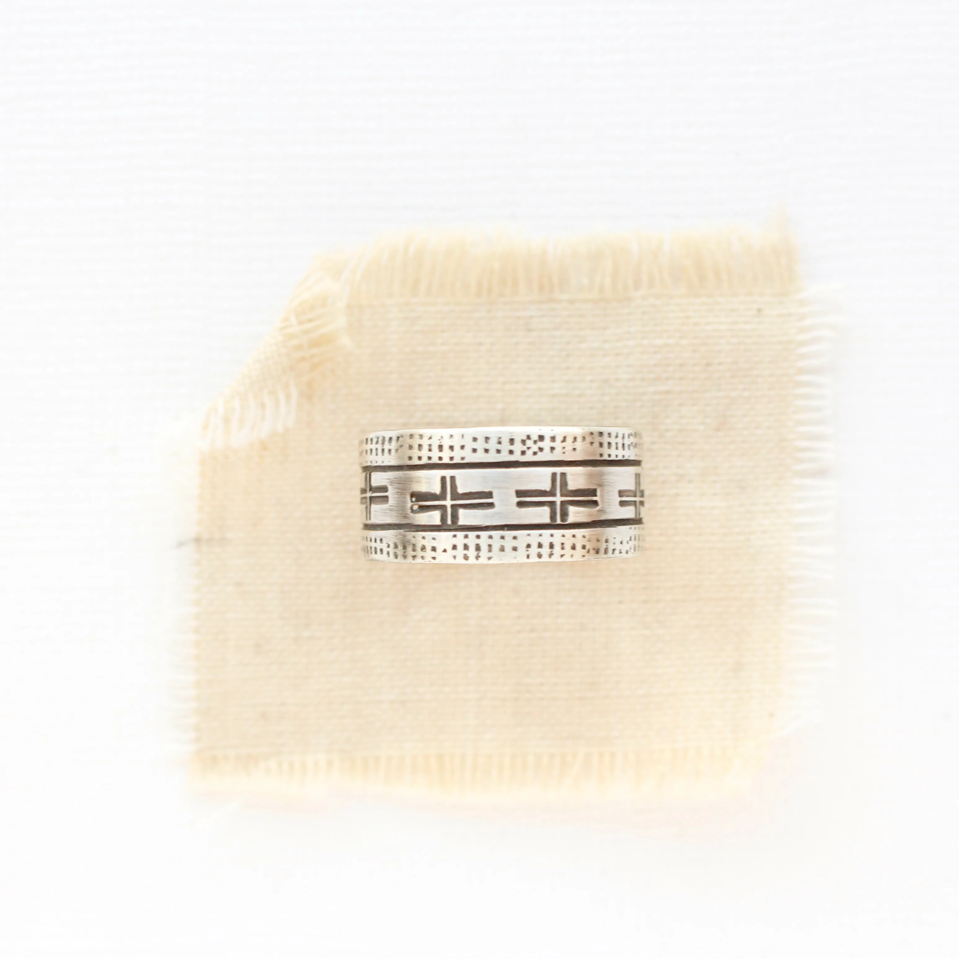 Stamped Cross Linear Silver Ring