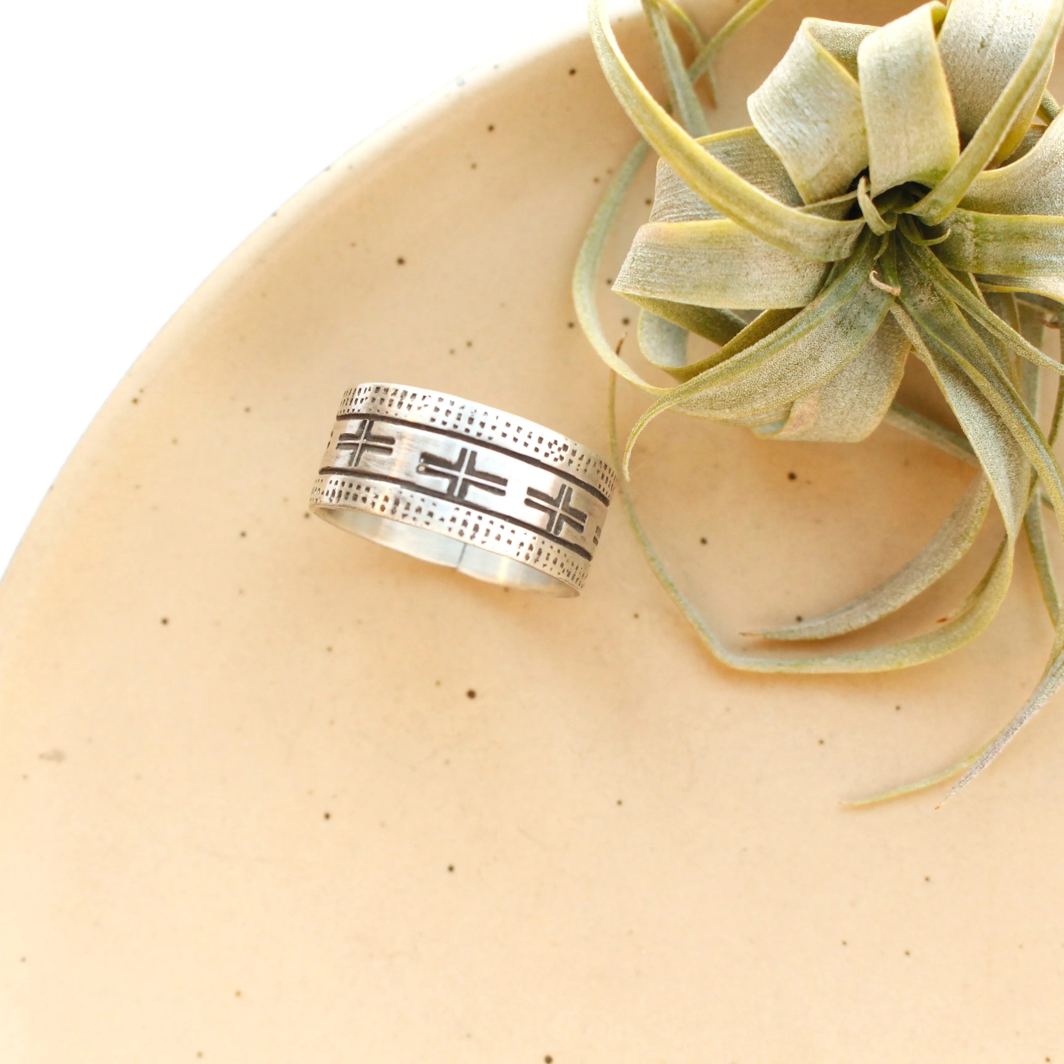 Stamped Cross Linear Silver Ring