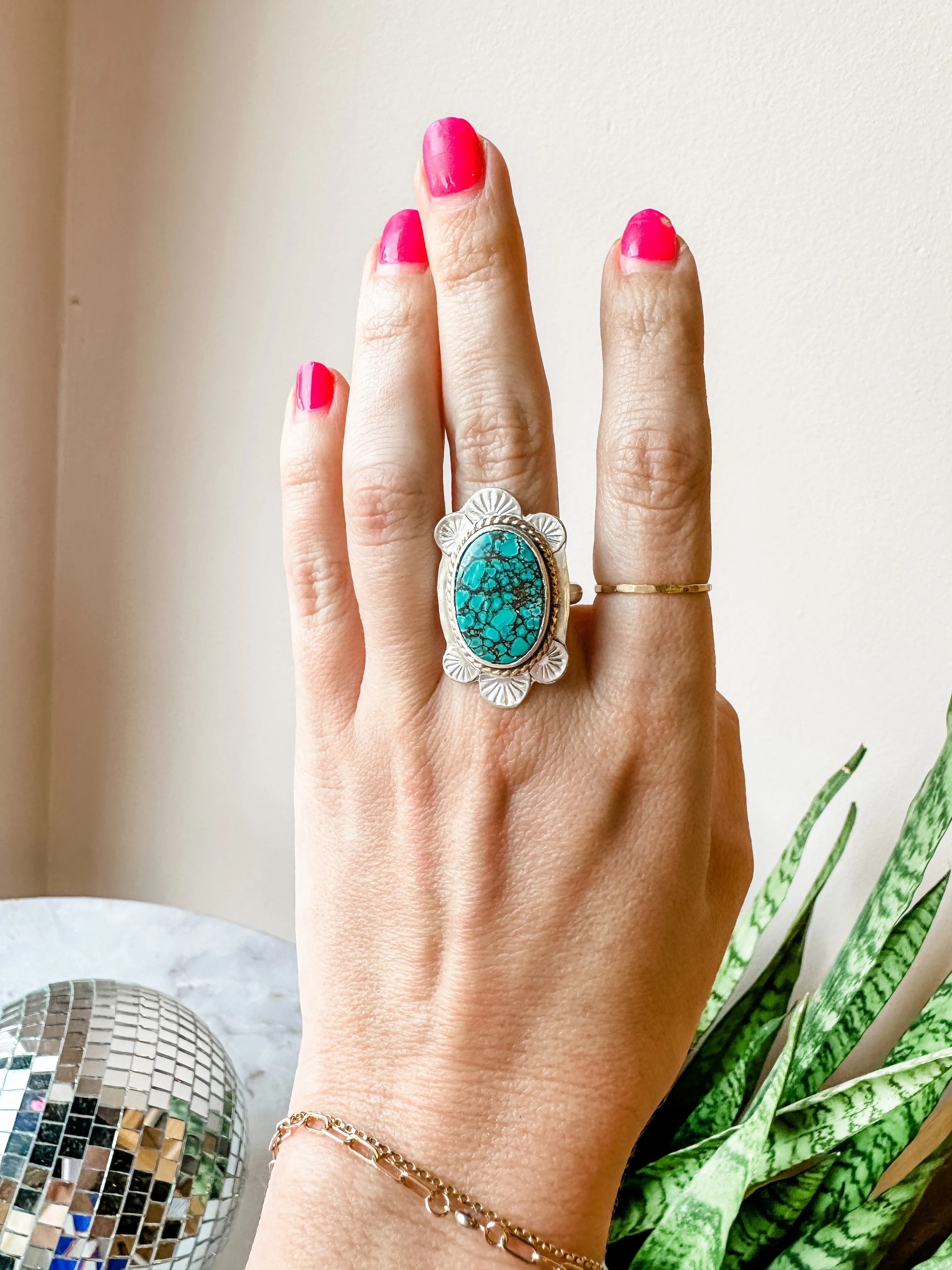 Stamped Detail Turquoise Statement Ring size 7