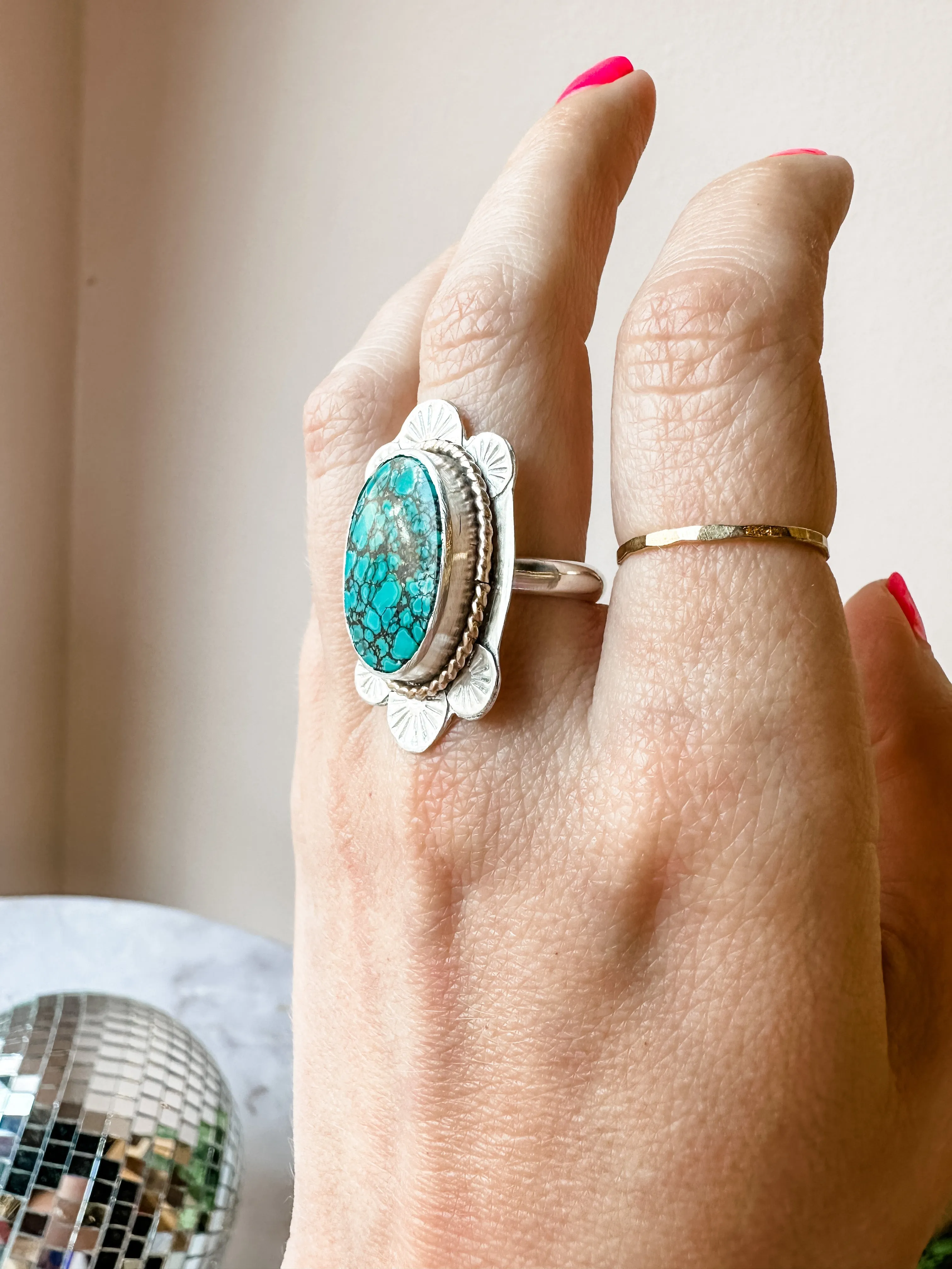 Stamped Detail Turquoise Statement Ring size 7