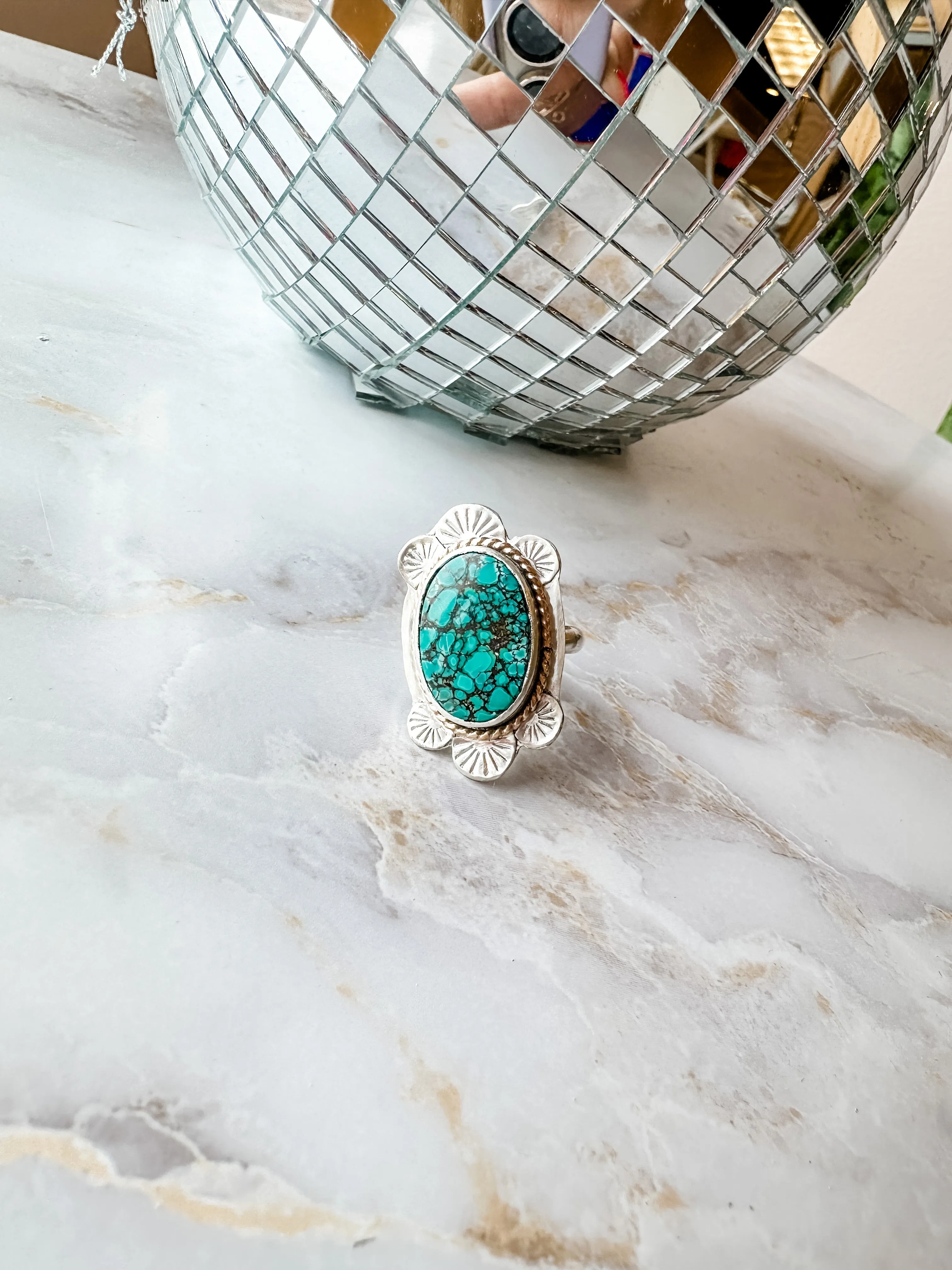 Stamped Detail Turquoise Statement Ring size 7