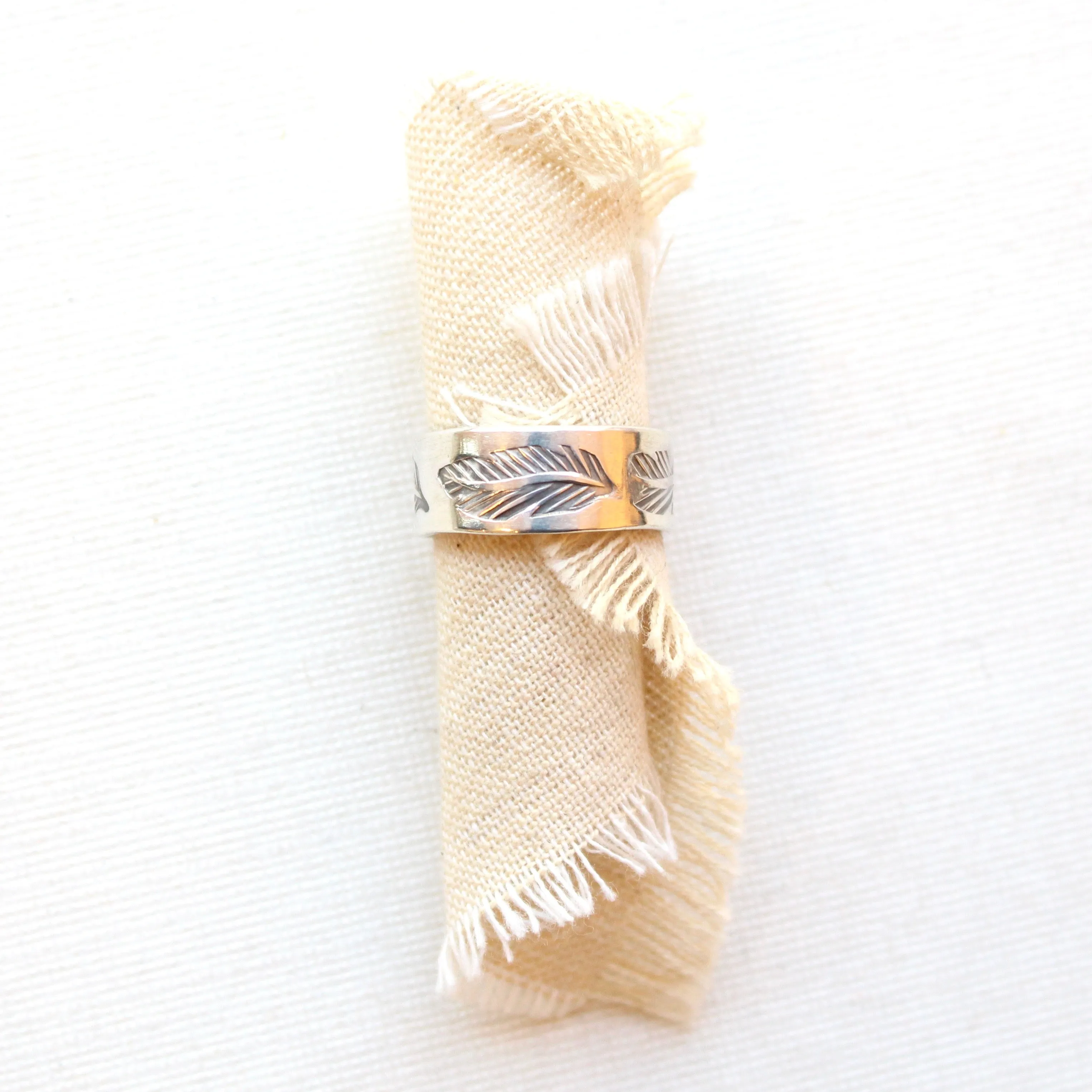 Stamped Feather Silver Band Ring
