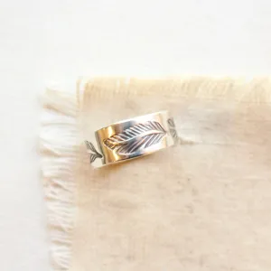 Stamped Feather Silver Band Ring