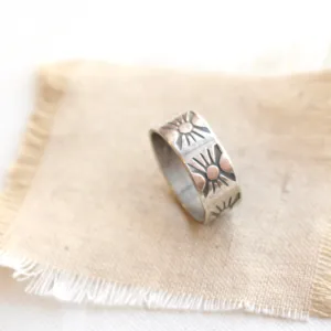 Stamped Industrial Sun Silver Band Ring