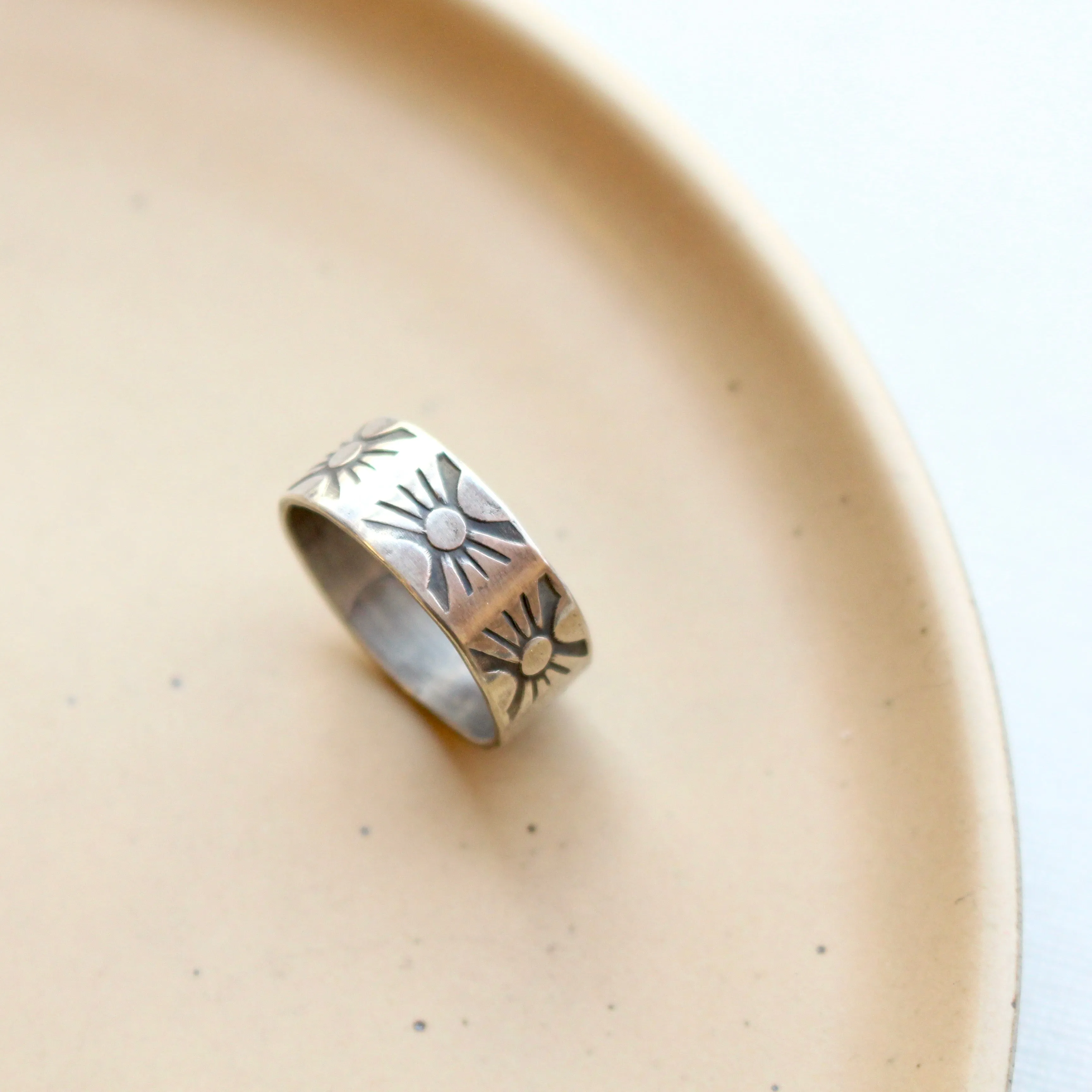 Stamped Industrial Sun Silver Band Ring