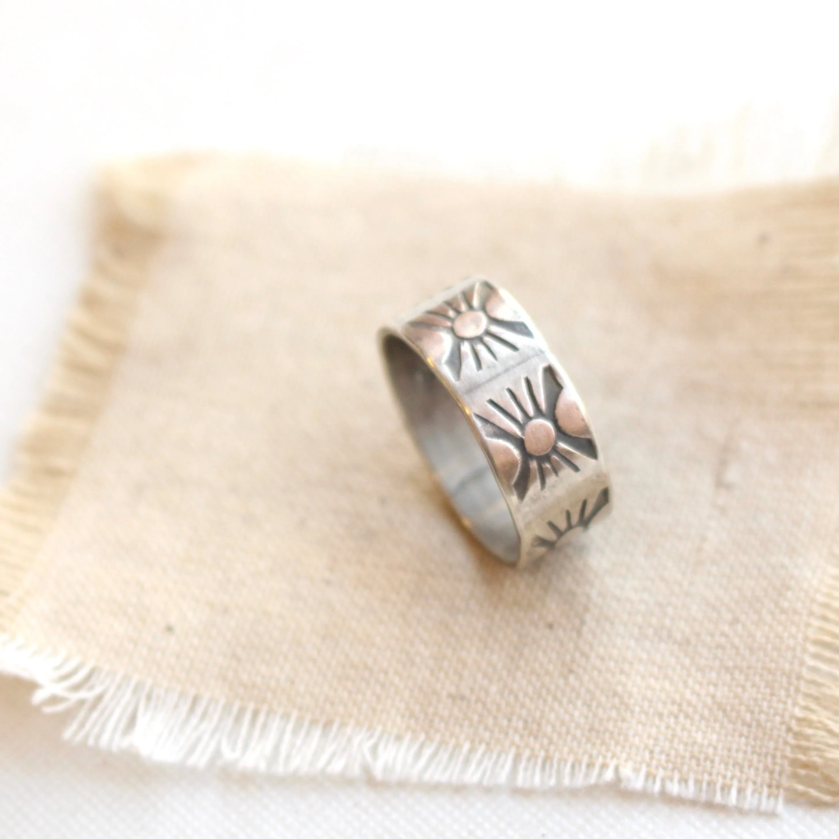 Stamped Industrial Sun Silver Band Ring