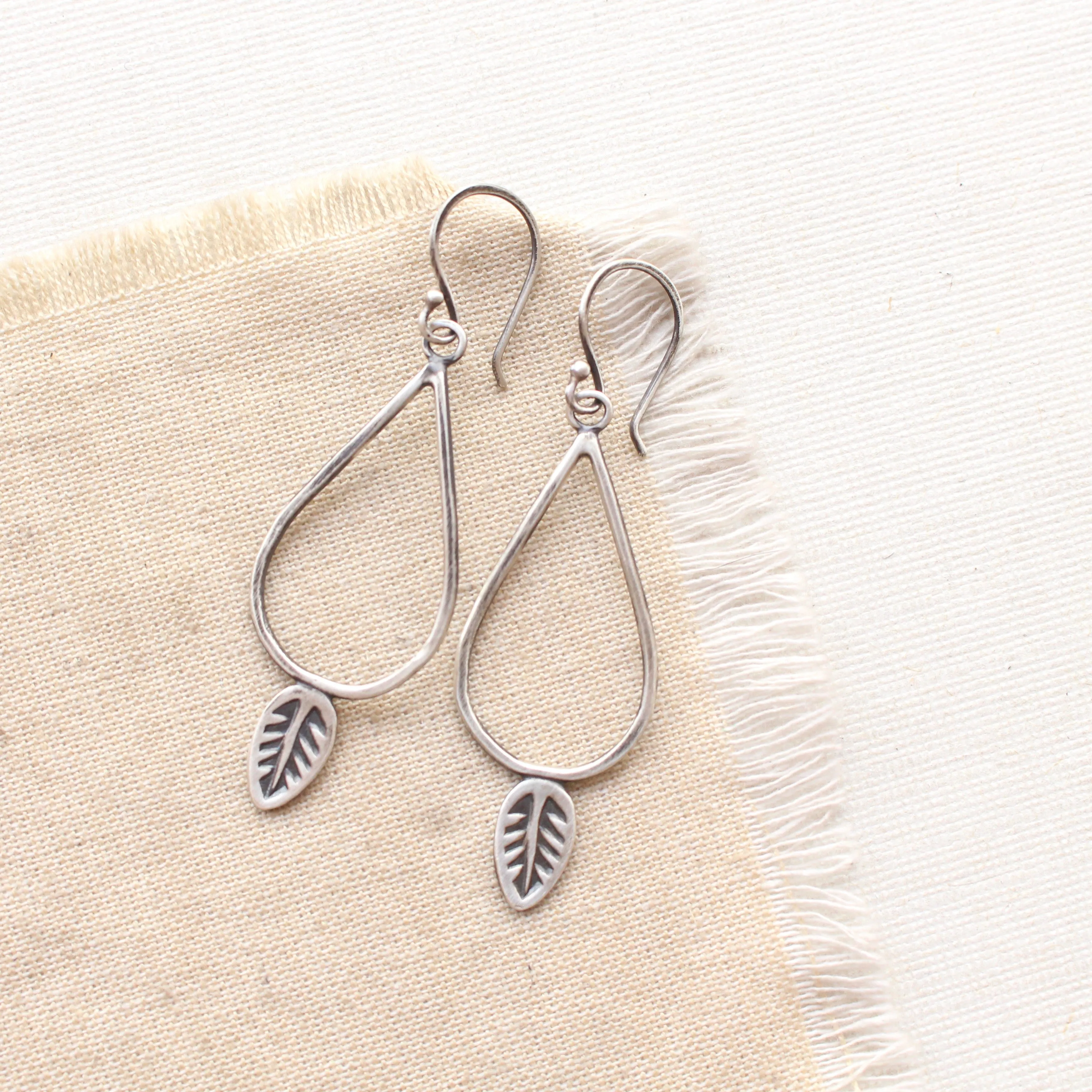 Stamped Leaf Teardrop Hoop Earrings