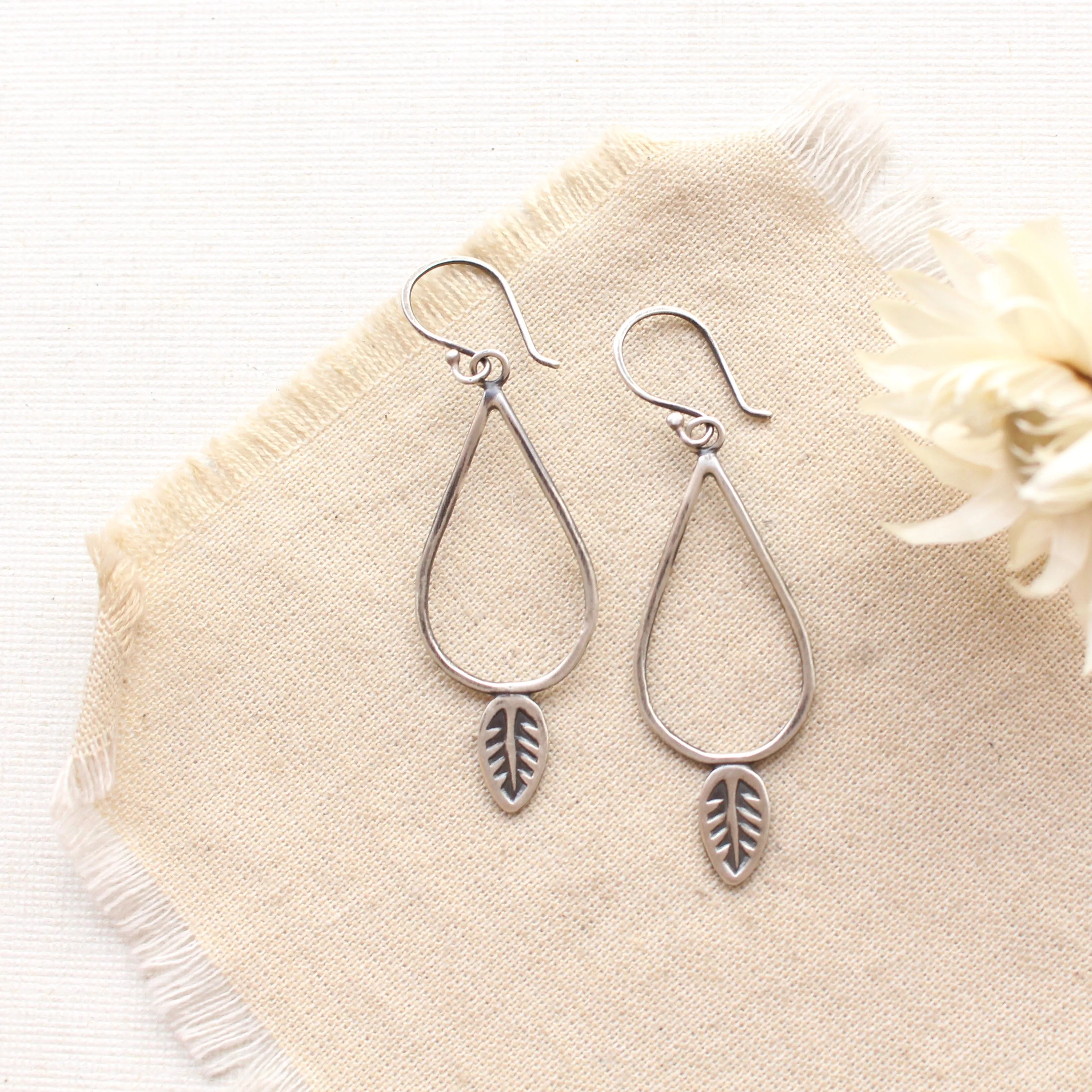 Stamped Leaf Teardrop Hoop Earrings