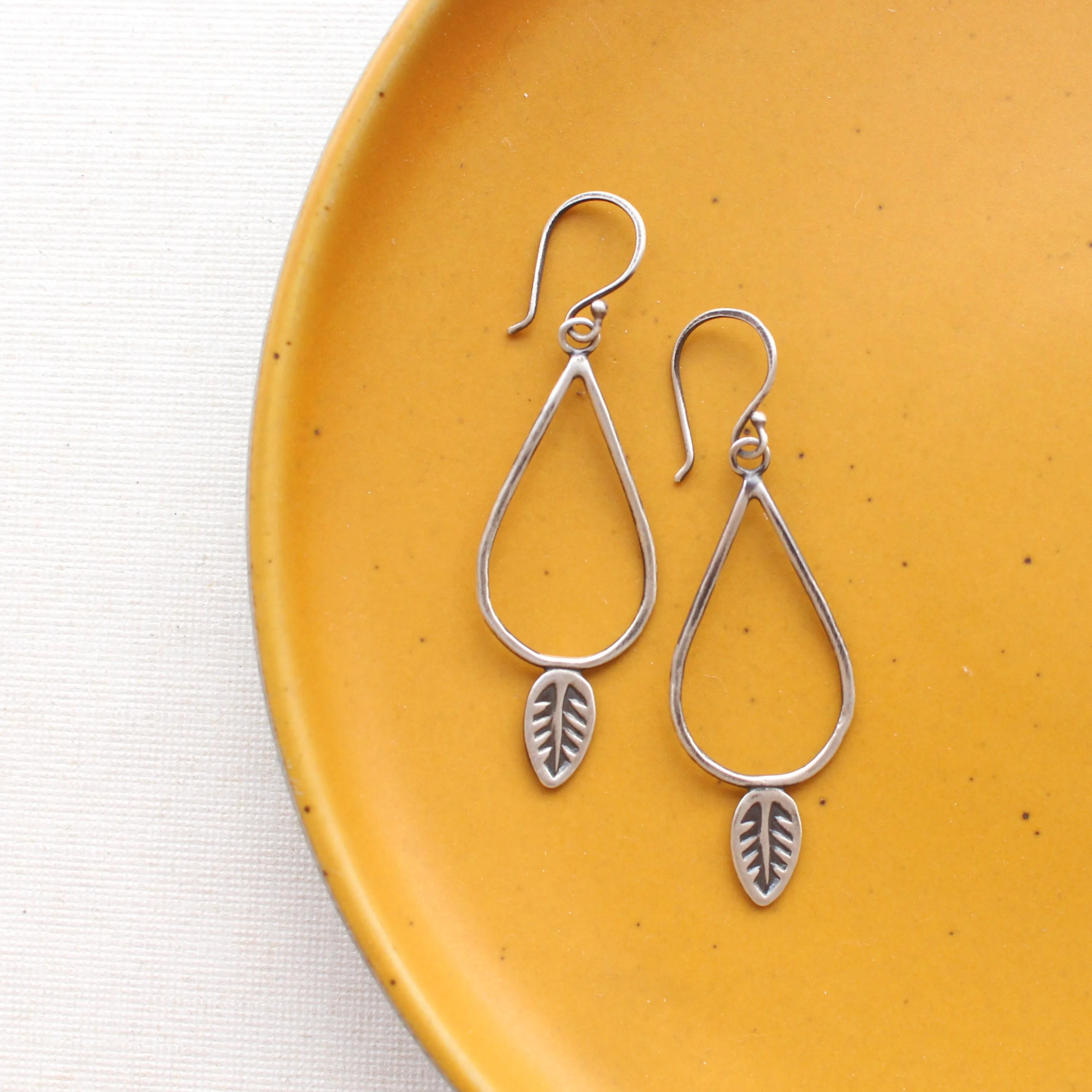 Stamped Leaf Teardrop Hoop Earrings