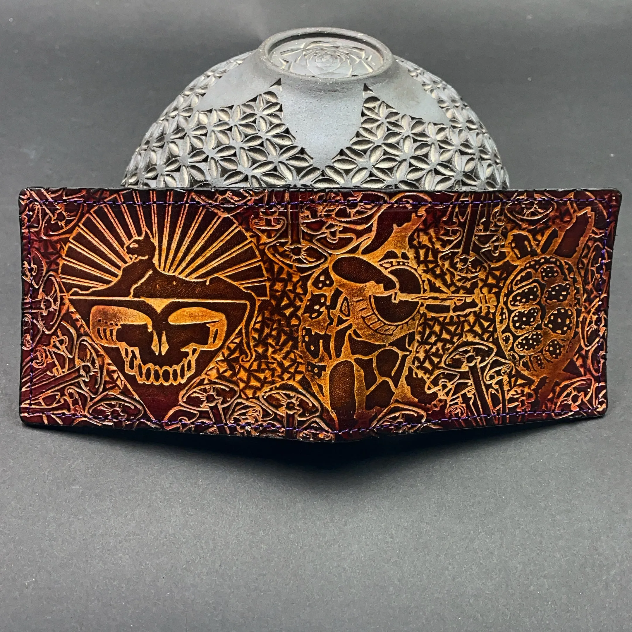 Stamped Leather Bifold Wallet - Grateful Cats Under the Stars