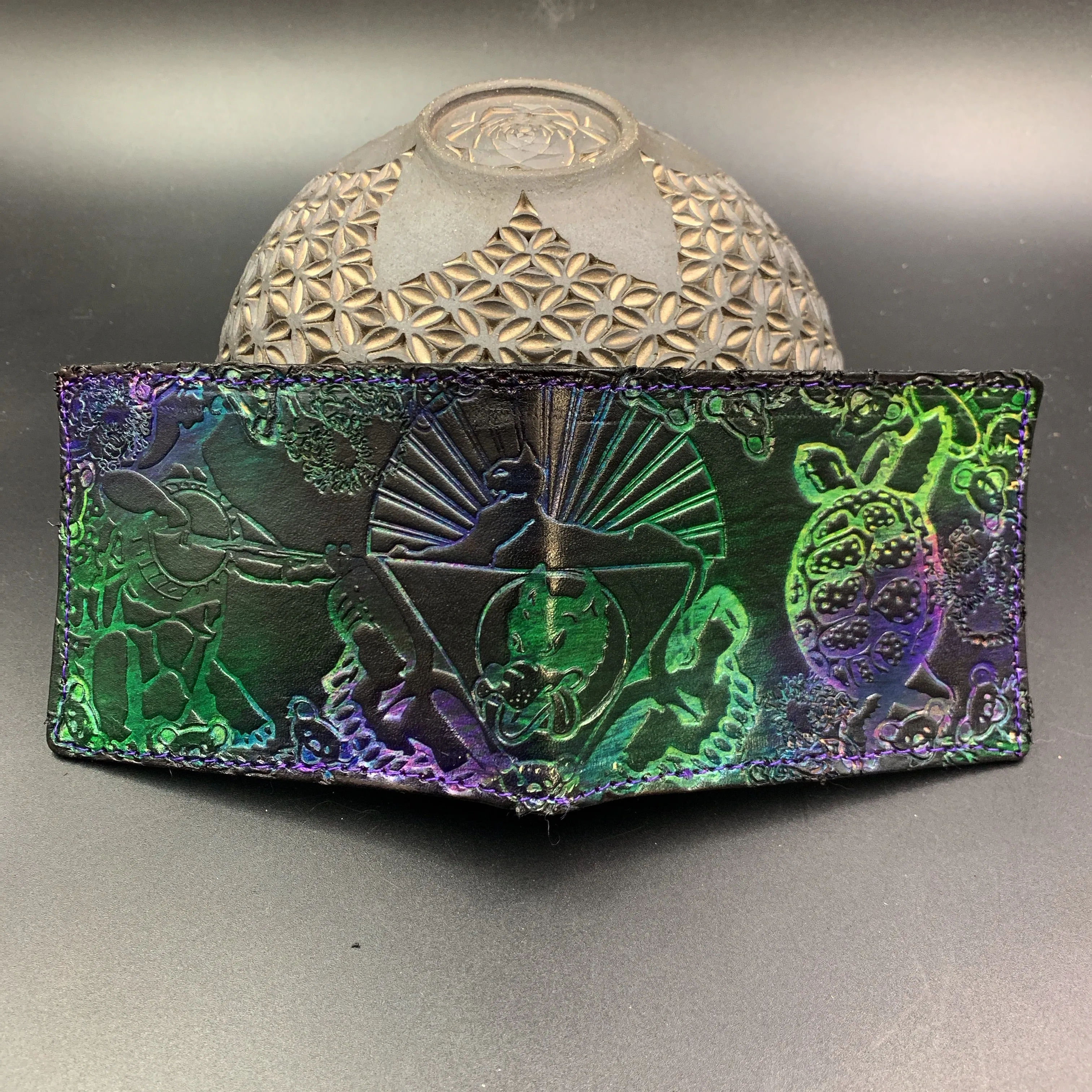 Stamped Leather Bifold Wallet - Grateful Cats Under the Stars