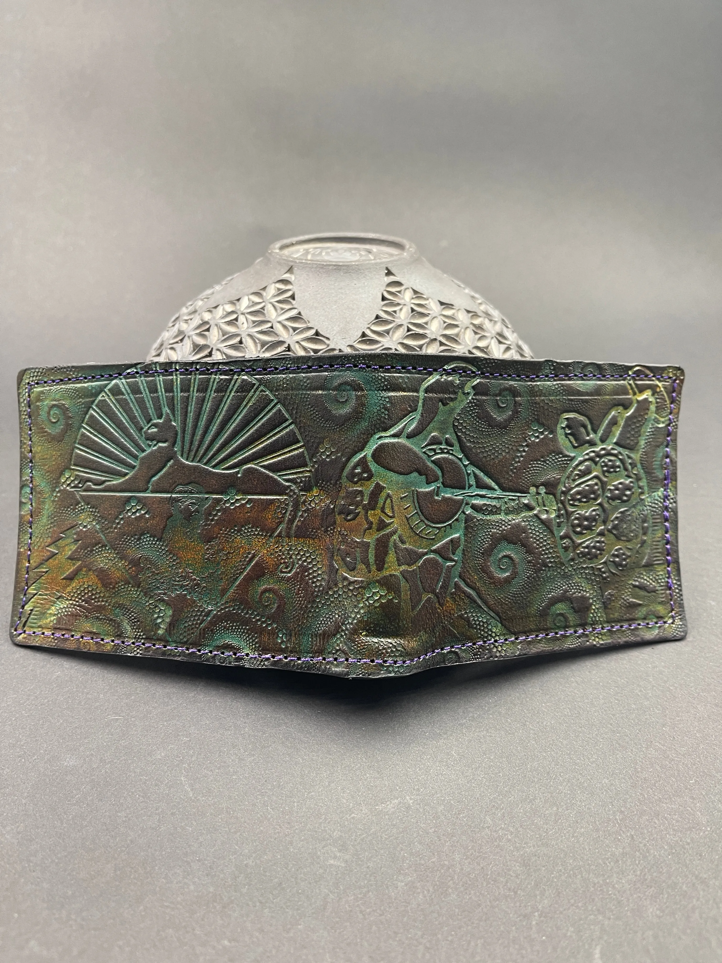 Stamped Leather Bifold Wallet - Grateful Cats Under the Stars