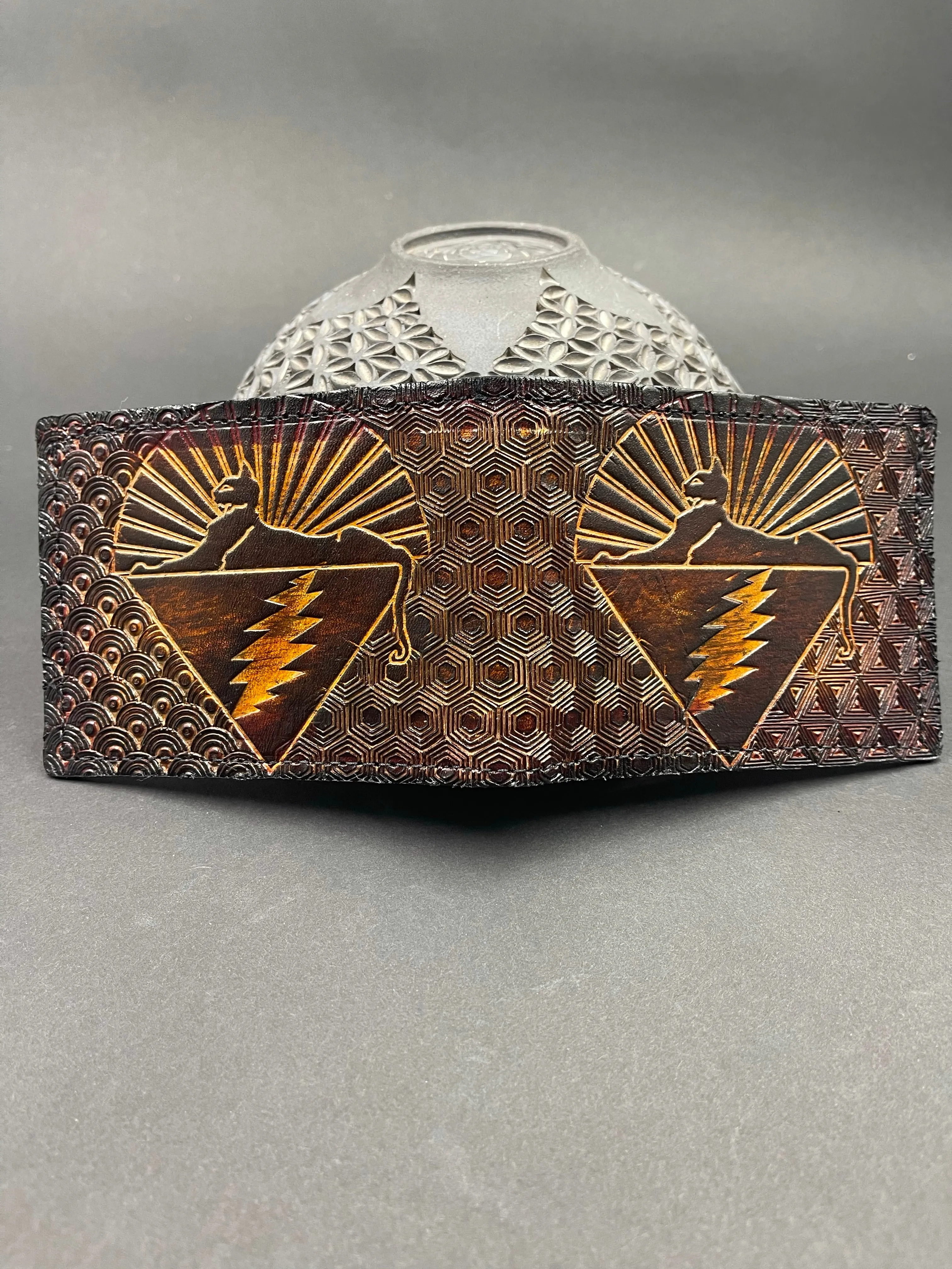 Stamped Leather Bifold Wallet - Grateful Cats Under the Stars