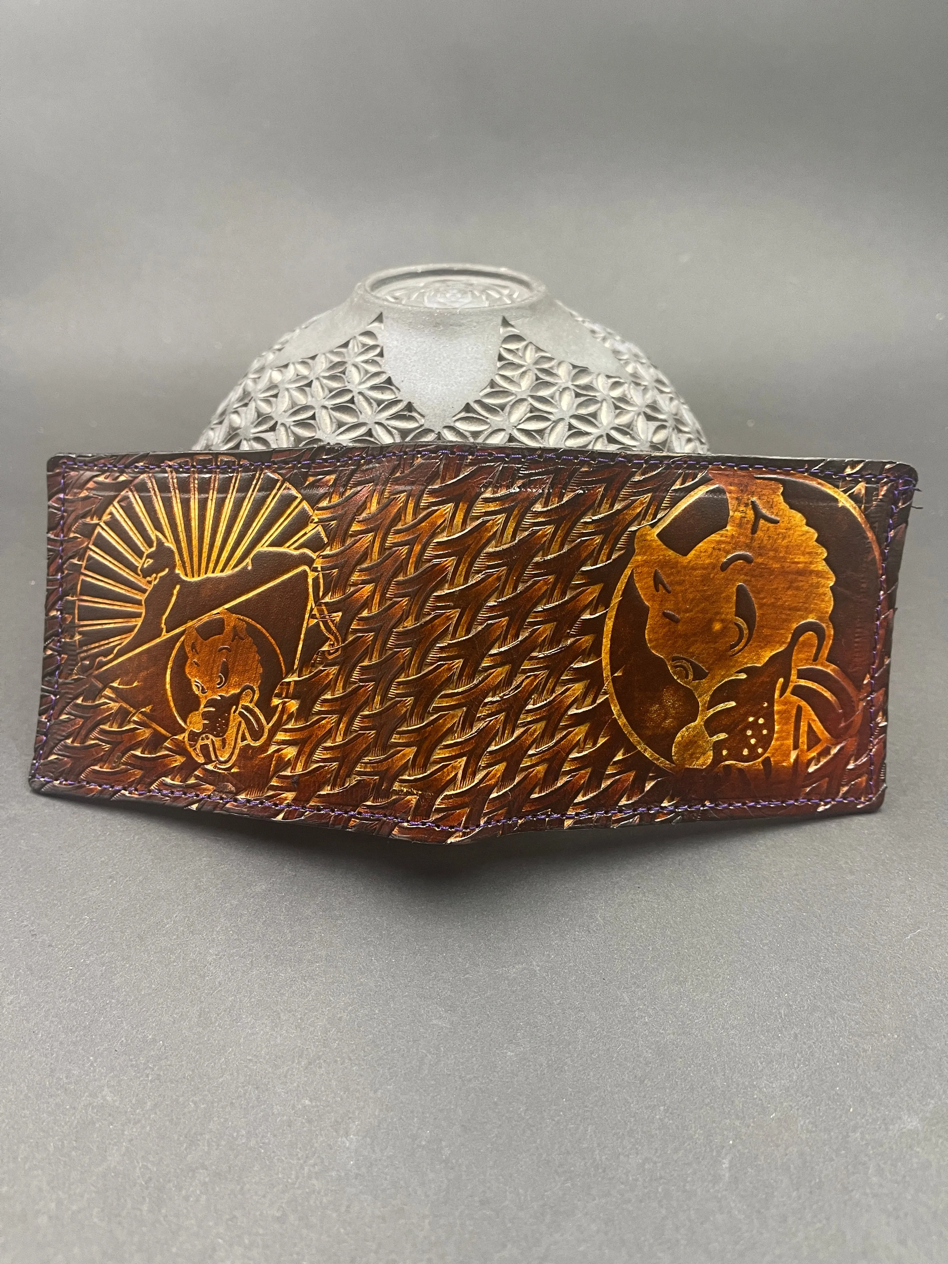Stamped Leather Bifold Wallet - Grateful Cats Under the Stars