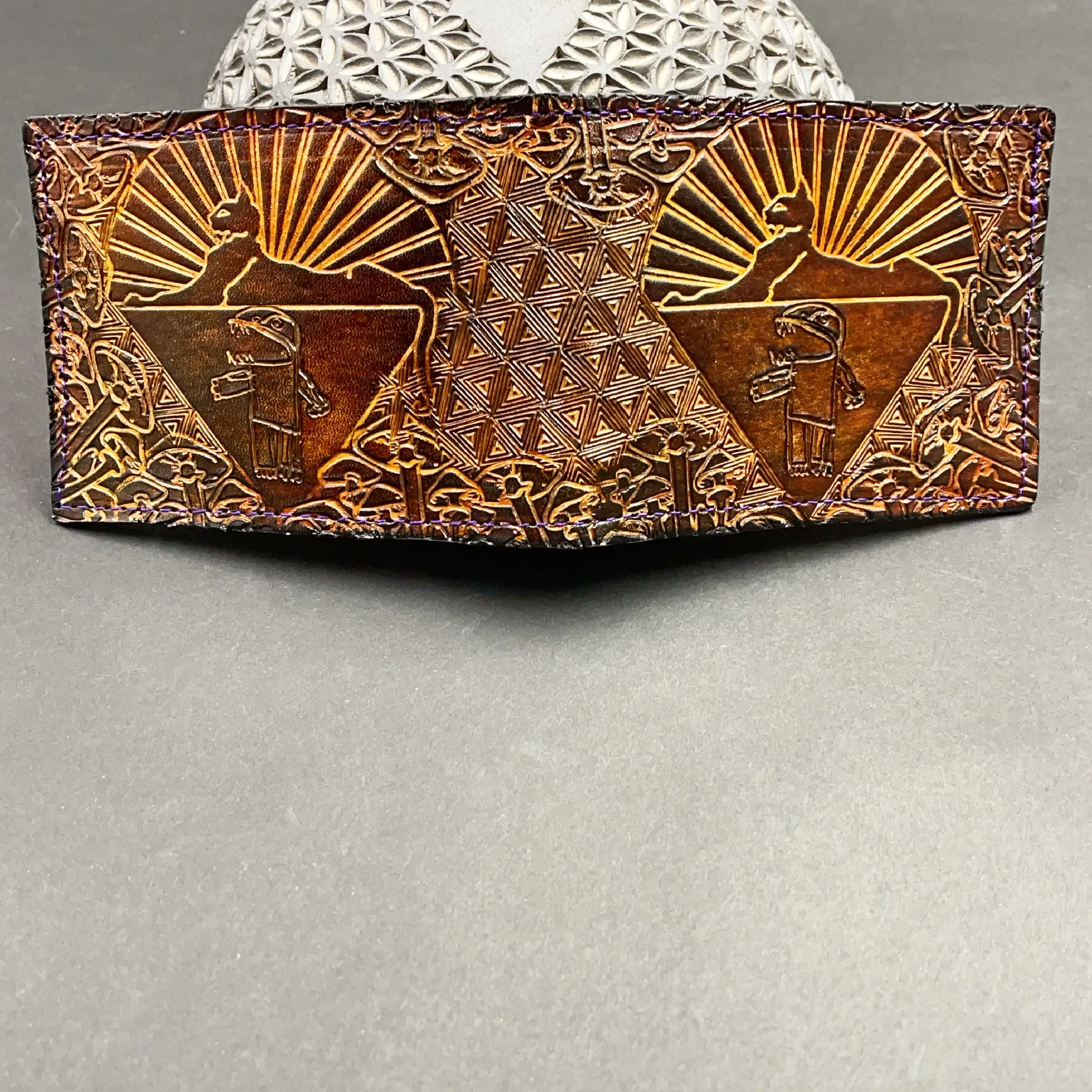 Stamped Leather Bifold Wallet - Grateful Cats Under the Stars