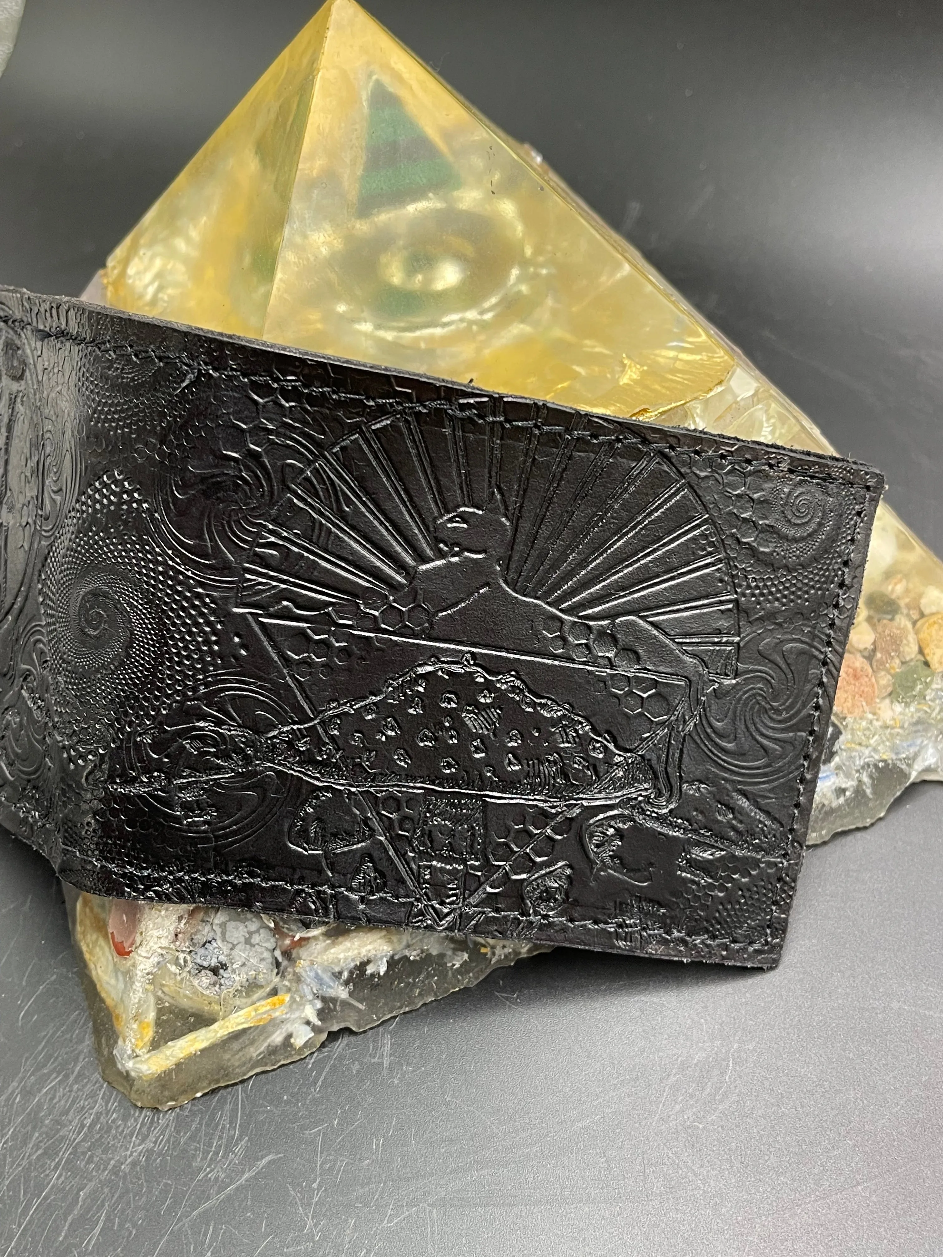 Stamped Leather Bifold Wallet - Grateful Cats Under the Stars