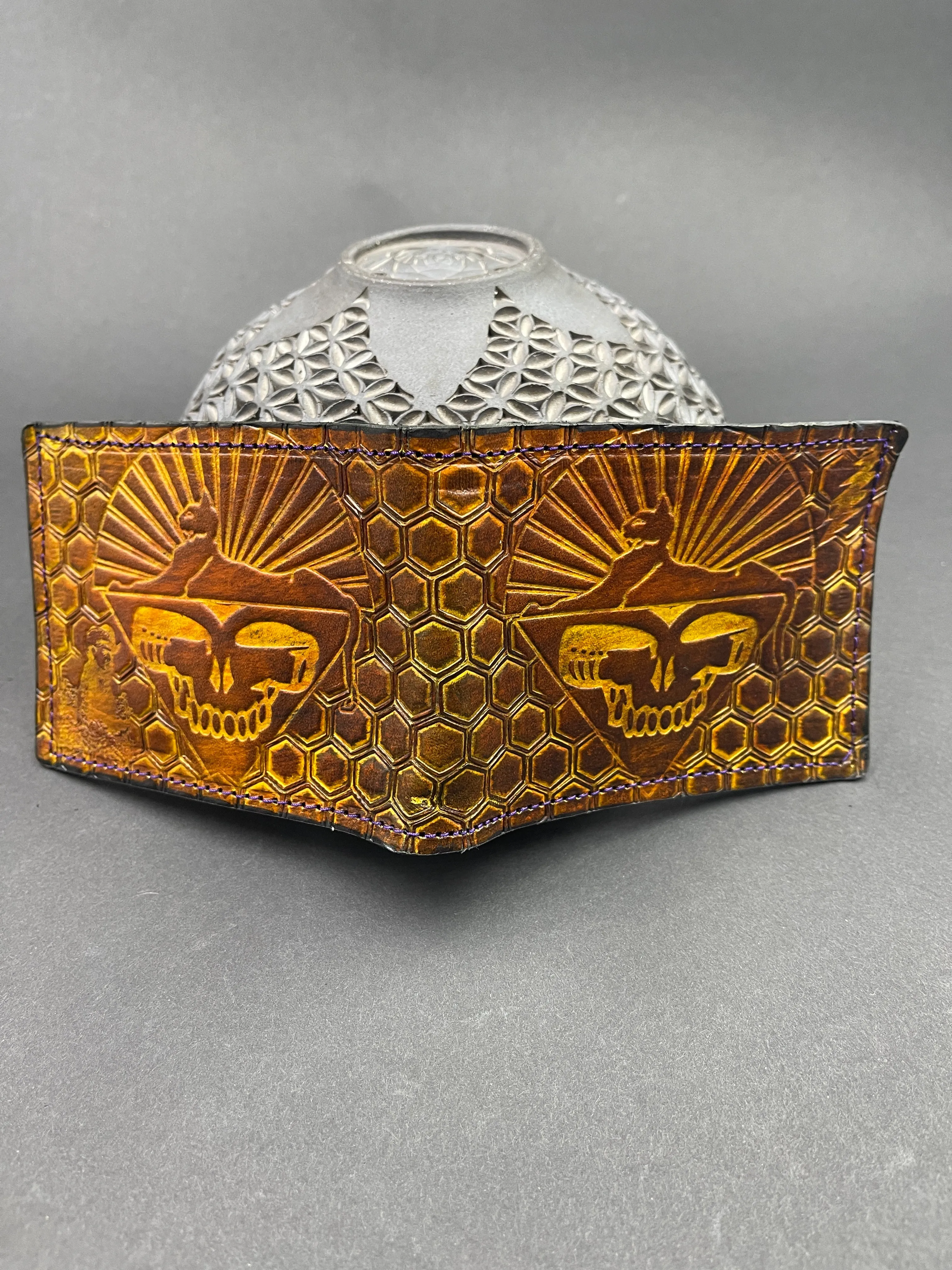 Stamped Leather Bifold Wallet - Grateful Cats Under the Stars
