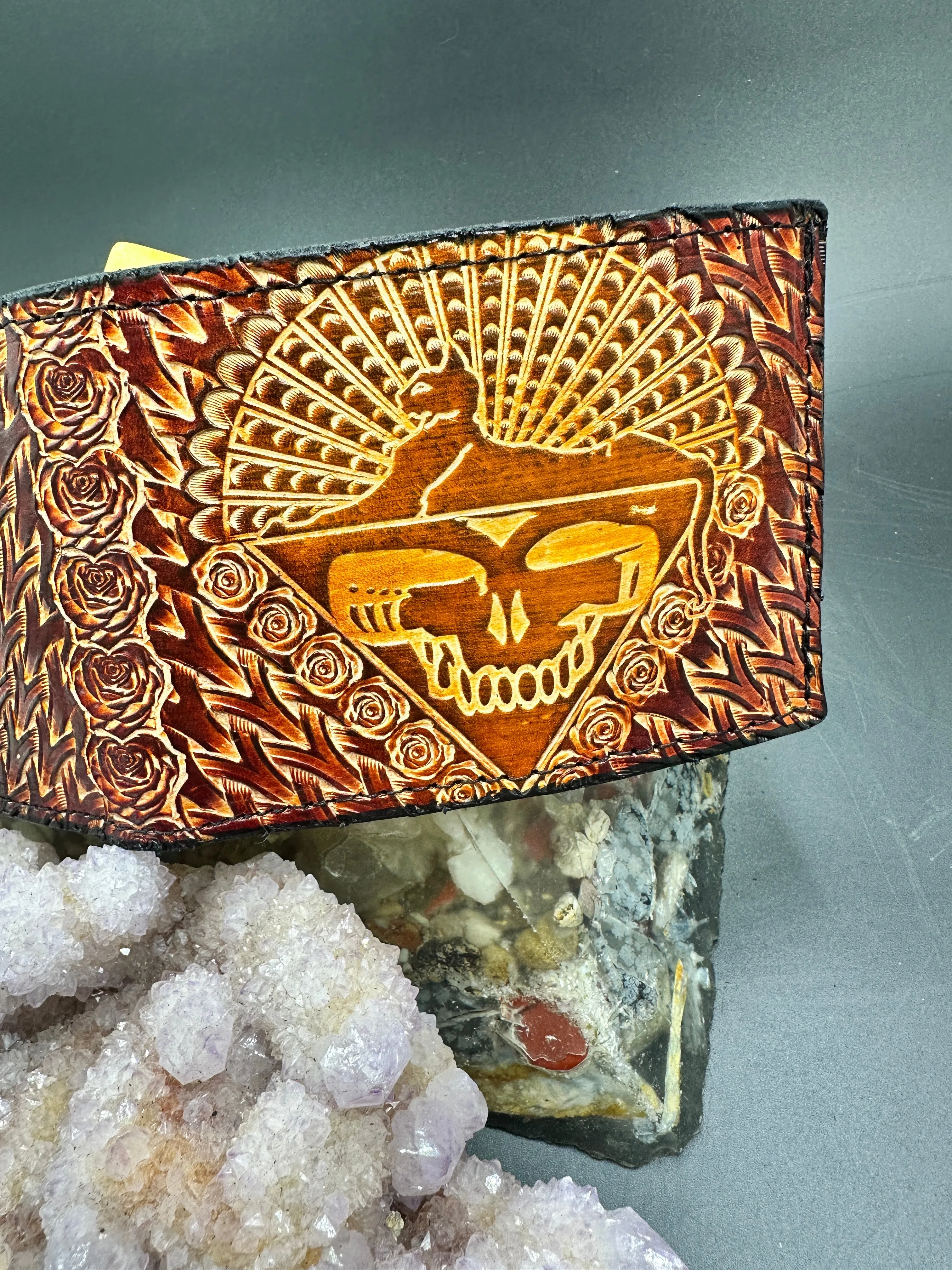 Stamped Leather Bifold Wallet - Grateful Cats Under the Stars