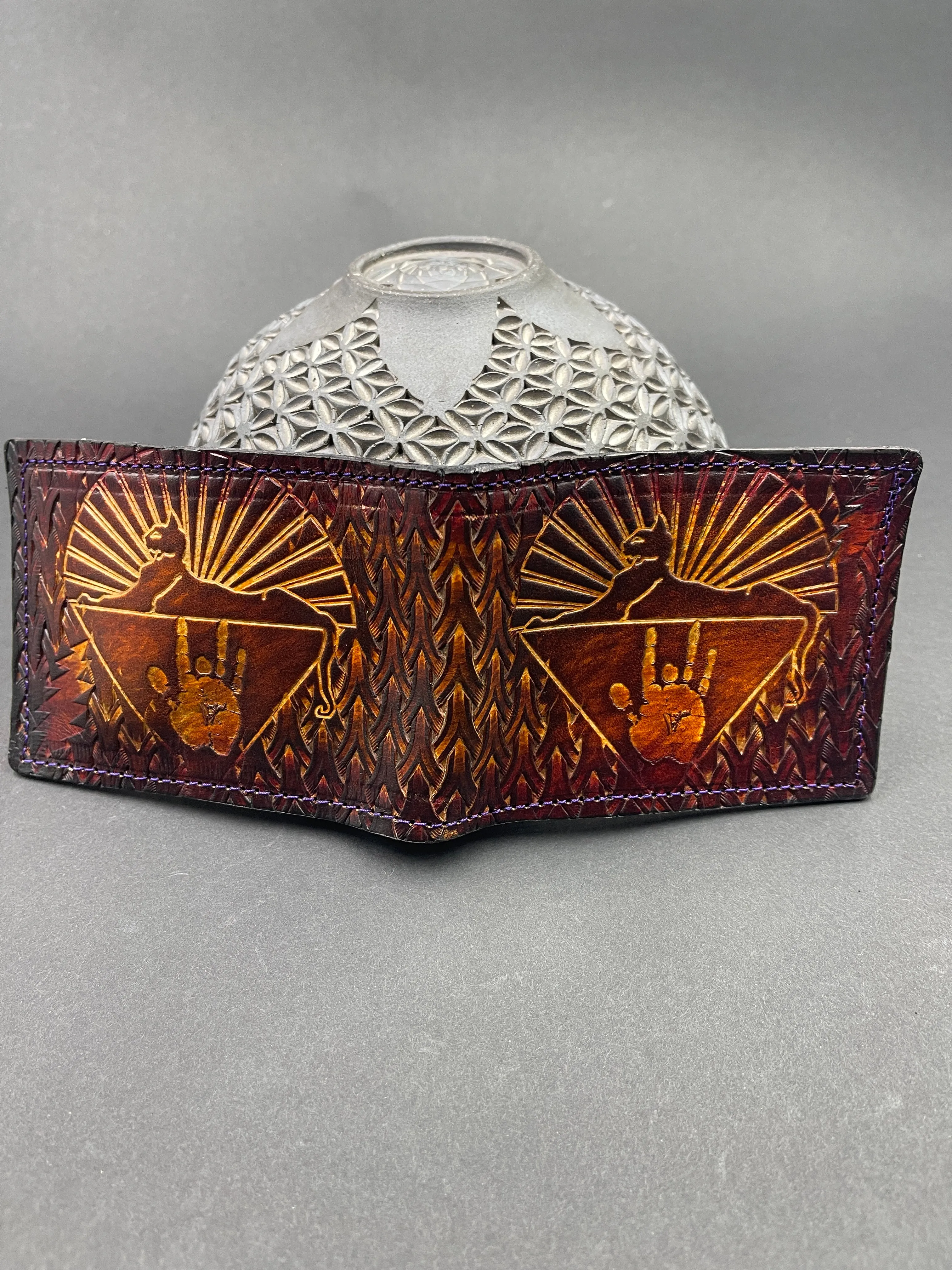 Stamped Leather Bifold Wallet - Grateful Cats Under the Stars