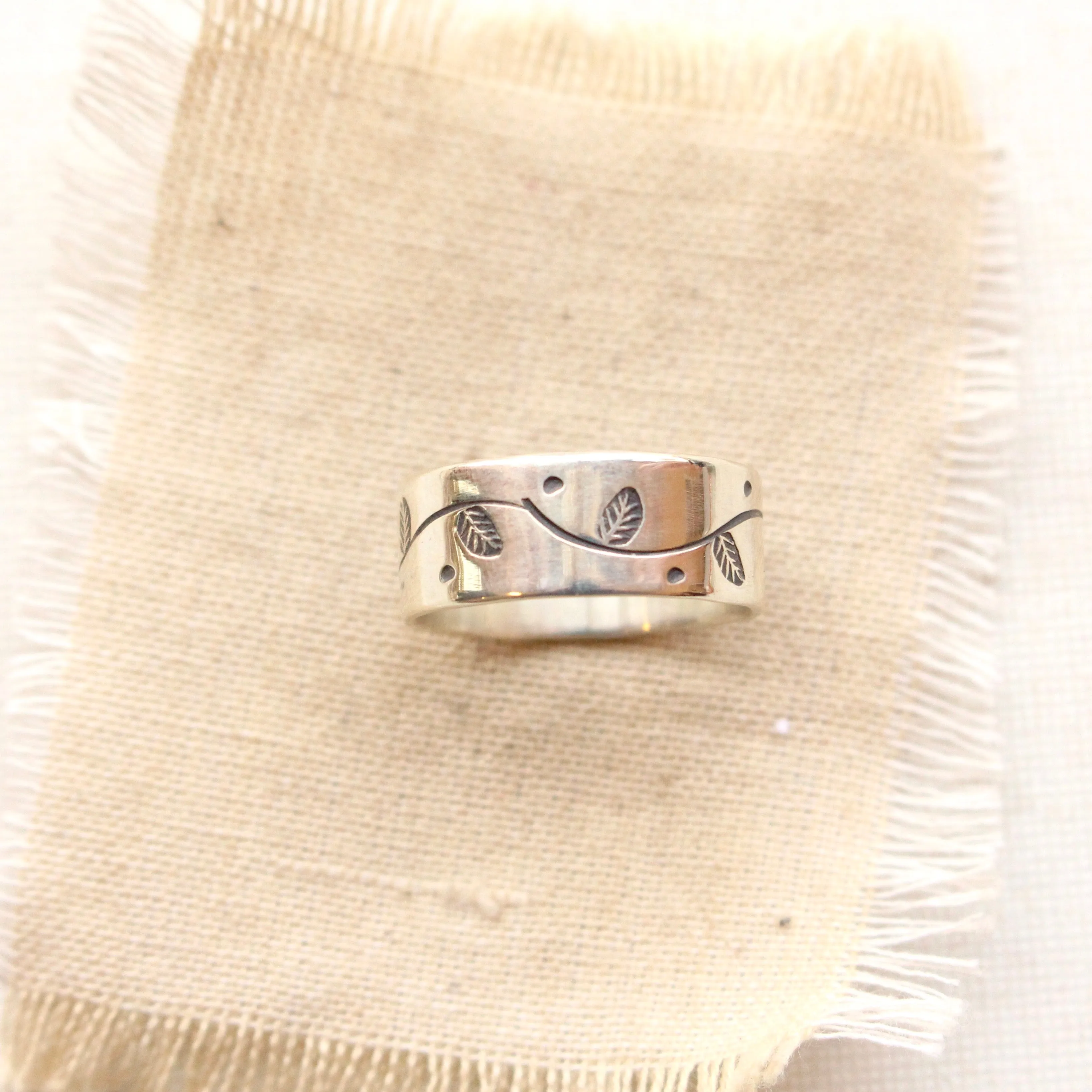 Stamped Vine & Leaf Wide Silver Band Ring