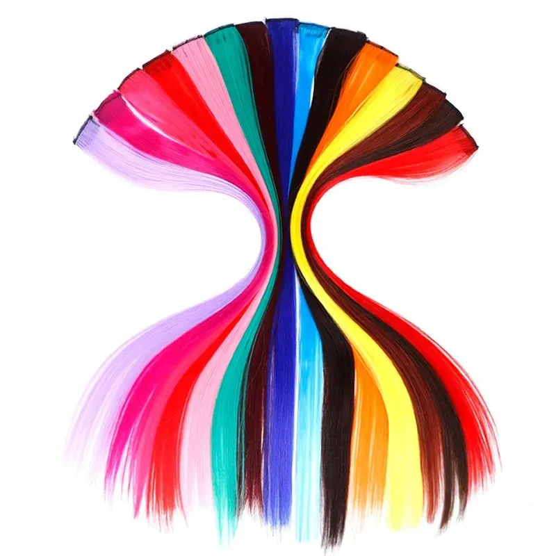 Straight Fake Colored Hair Extensions Clip Rainbow Hair Streak Synthetic Hair Strands on Clips
