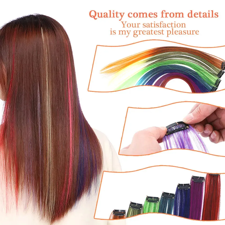 Straight Fake Colored Hair Extensions Clip Rainbow Hair Streak Synthetic Hair Strands on Clips