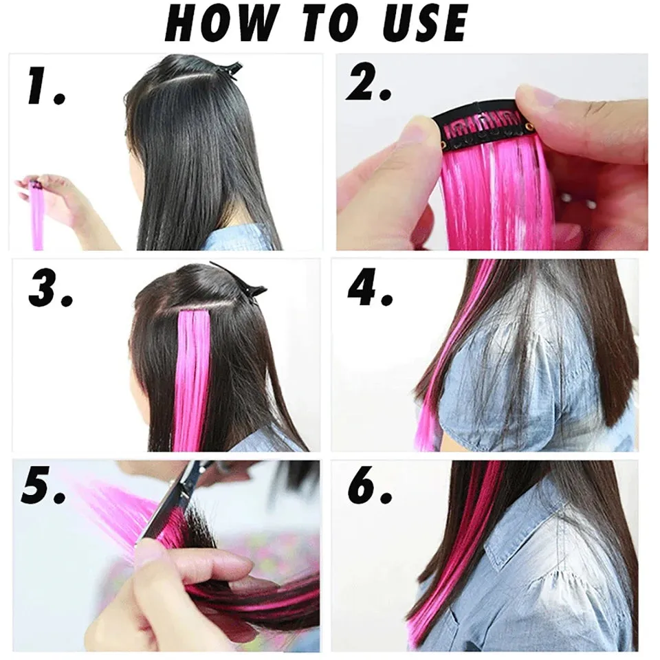 Straight Fake Colored Hair Extensions Clip Rainbow Hair Streak Synthetic Hair Strands on Clips