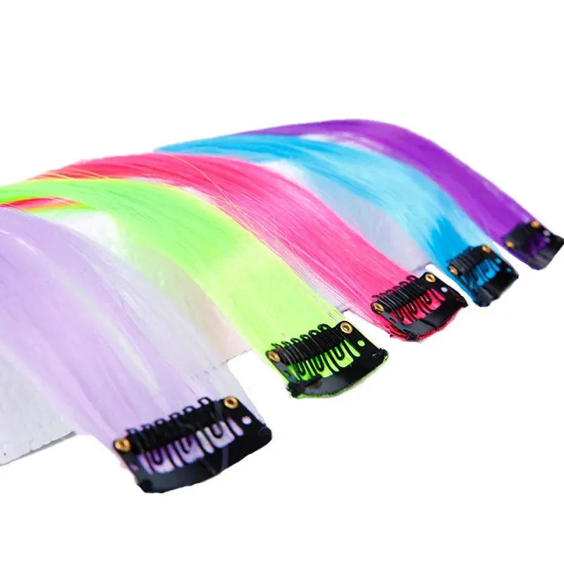 Straight Fake Colored Hair Extensions Clip Rainbow Hair Streak Synthetic Hair Strands on Clips