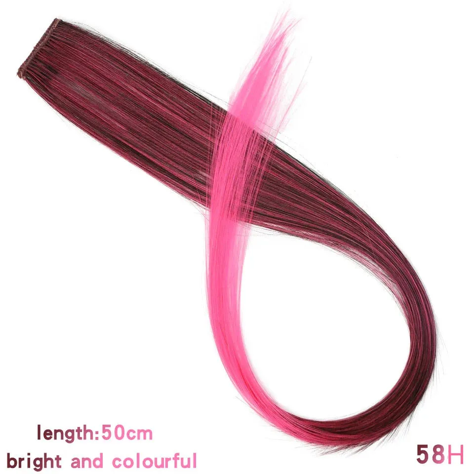 Straight Fake Colored Hair Extensions Clip Rainbow Hair Streak Synthetic Hair Strands on Clips