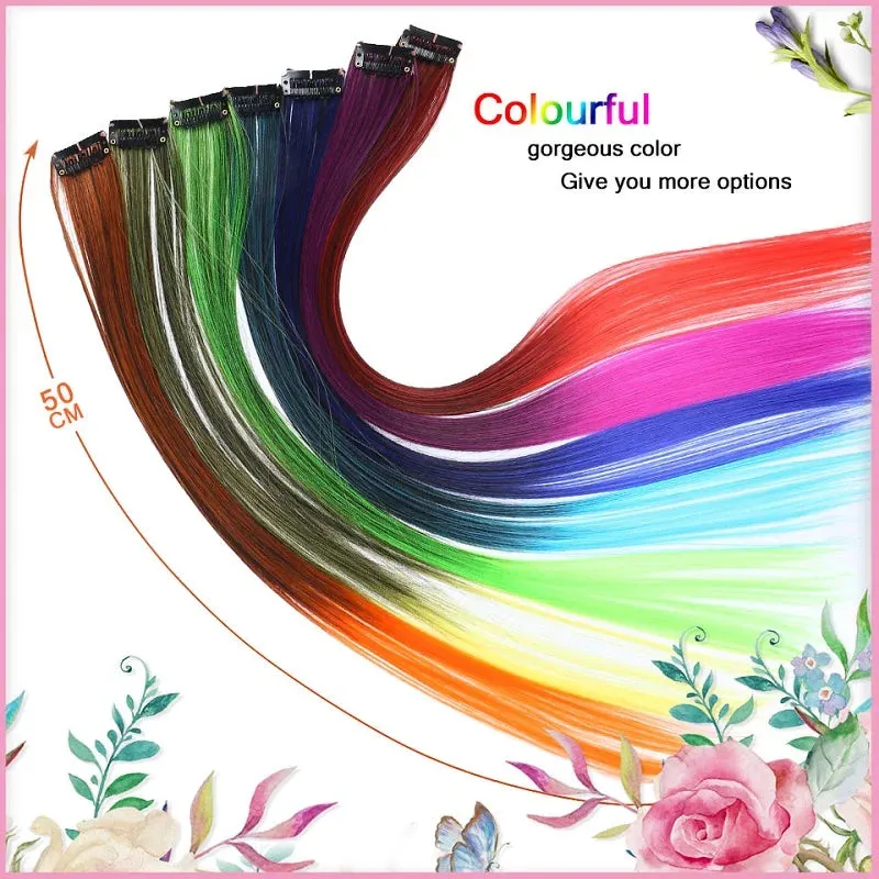 Straight Fake Colored Hair Extensions Clip Rainbow Hair Streak Synthetic Hair Strands on Clips