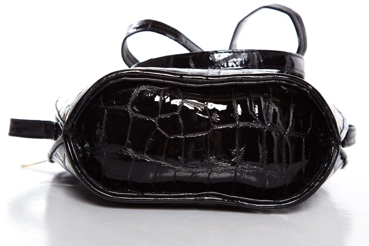 Stuart Weitzman Black Croco Embossed Patent Shoulder Bag