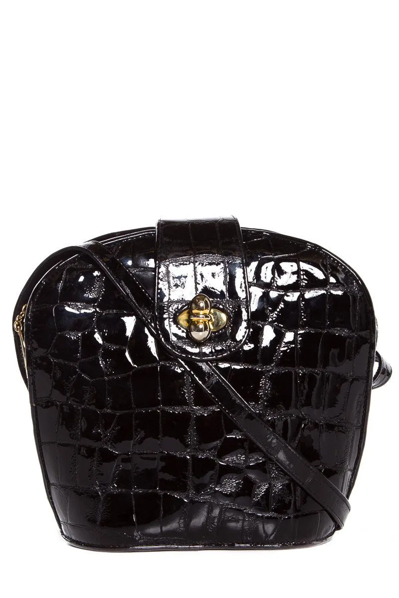 Stuart Weitzman Black Croco Embossed Patent Shoulder Bag